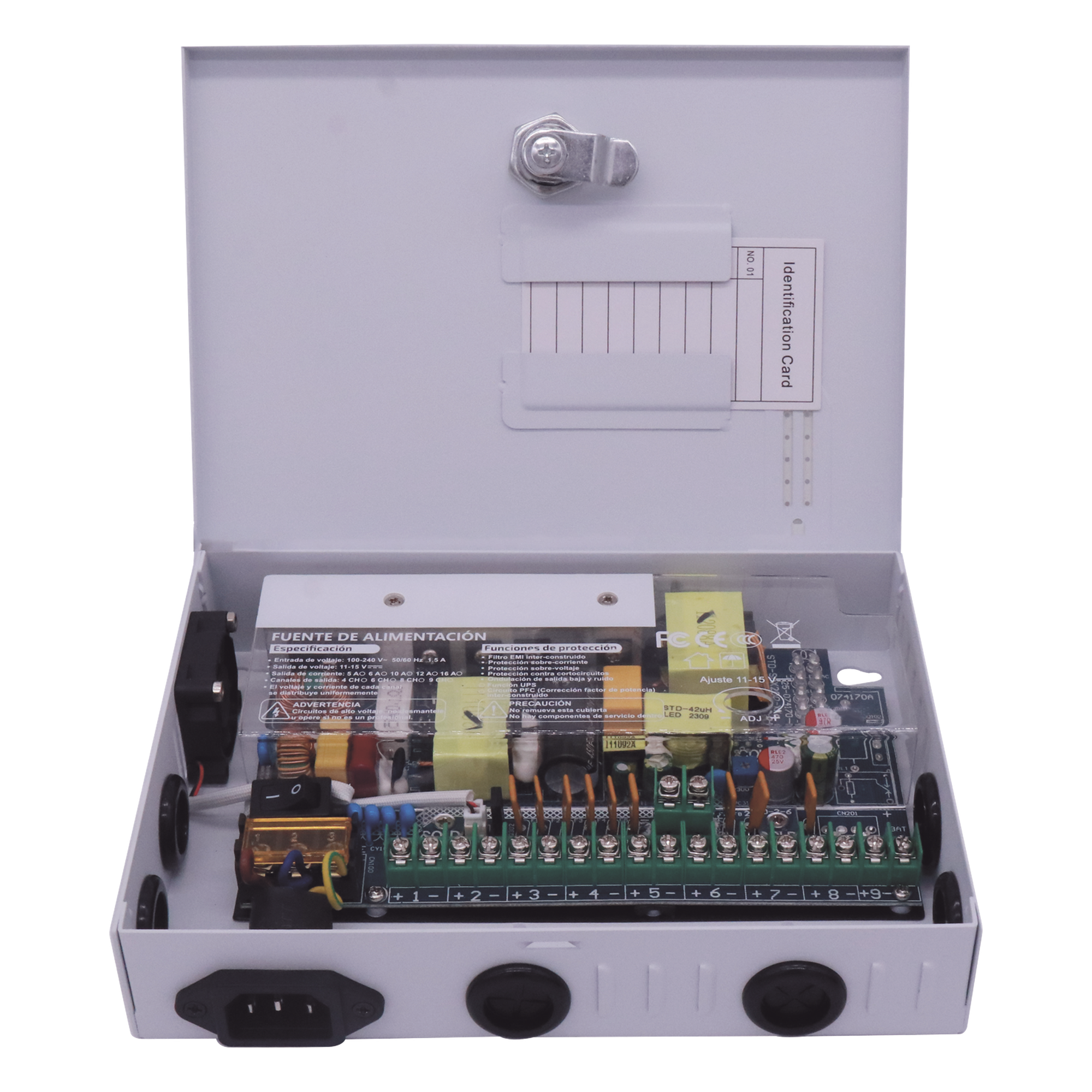 Fuente de Alimentación Profesional / 9 Canales / 16 A Total / 1.8 A por Canal / Voltaje Ajustable 11-15 VCC / 200 W / Operación -20°C a 70°C