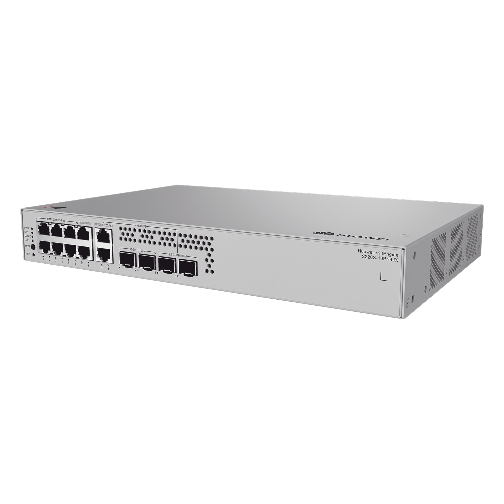 Switch Administrable Capa 2 / 6 Puertos PoE+ Gigabit + 2 Puertos PoE+ Multi-Gigabit 2.5G + 2 Puertos Gigabit + 2 SFP + 2 SFP+ / PoE Perpetuo / 128 W / 76 Gbps / 57 Mpps / 3.44 kg / 1.72 x 18.31 x 13.98 pulgadas — HUAWEI · SKU S220S-10PN4JX