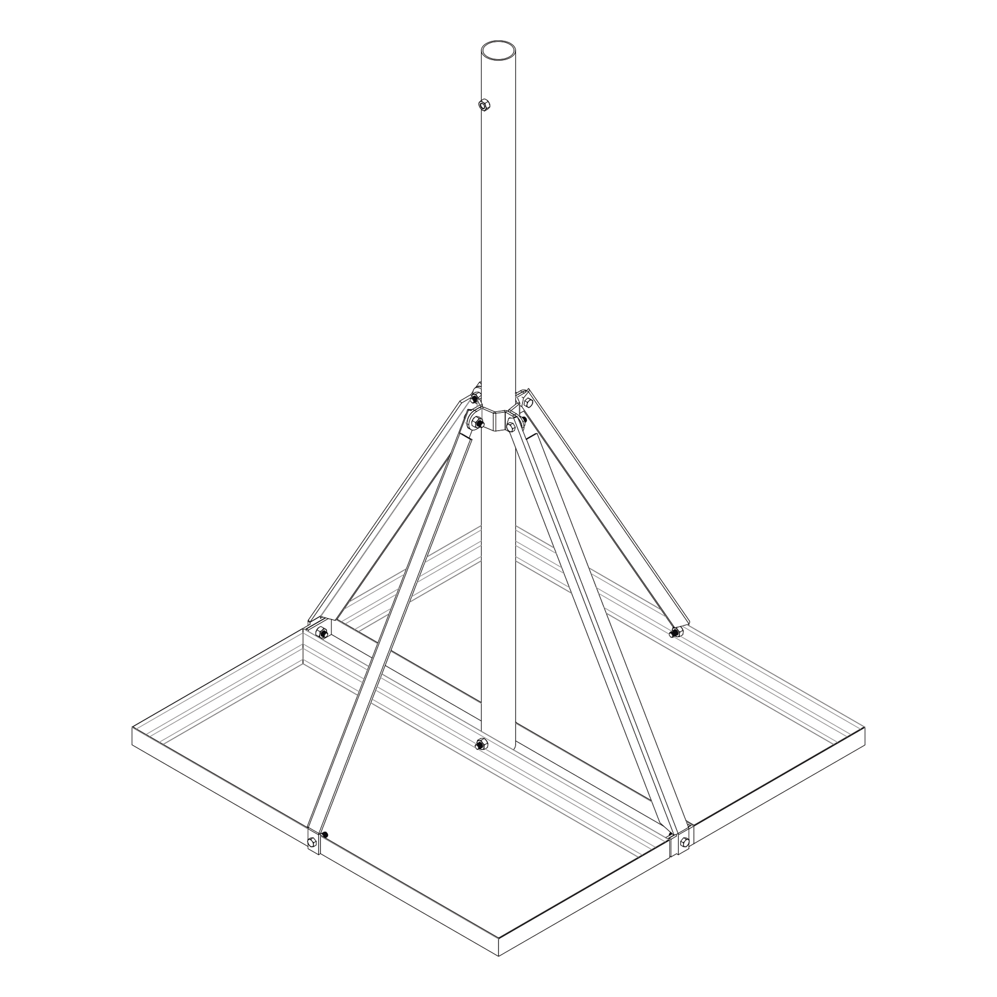 Base No Penetrante para Techo / Mástil 1.5 m (4.9 ft) / Armazón 0.9 x 0.9 m (3 x 3 ft) / Acero Galvanizado en Caliente / Instalación sin Perforación — SYSCOM TOWERS · SKU S-BNP-901