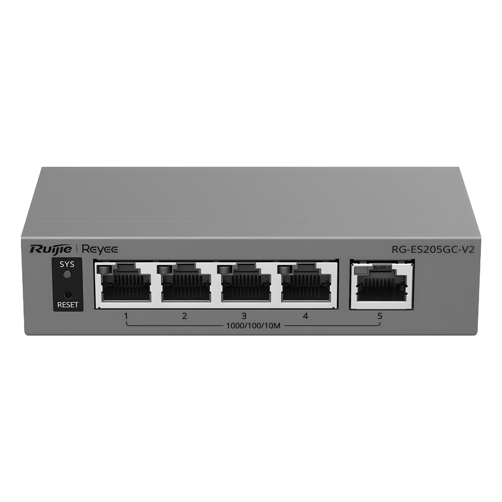 Switch Capa 2 Gestionado en la Nube / 5 Puertos Gigabit / Switching 10 Gbps / Forwarding 7.44 Mpps / Diseño sin Ventilador / Protección 6 kV / Modo CCTV de un Clic / 32 VLANs / Gabinete Metálico / Ruijie Cloud — RUIJIE · SKU RG-ES205GC-V2
