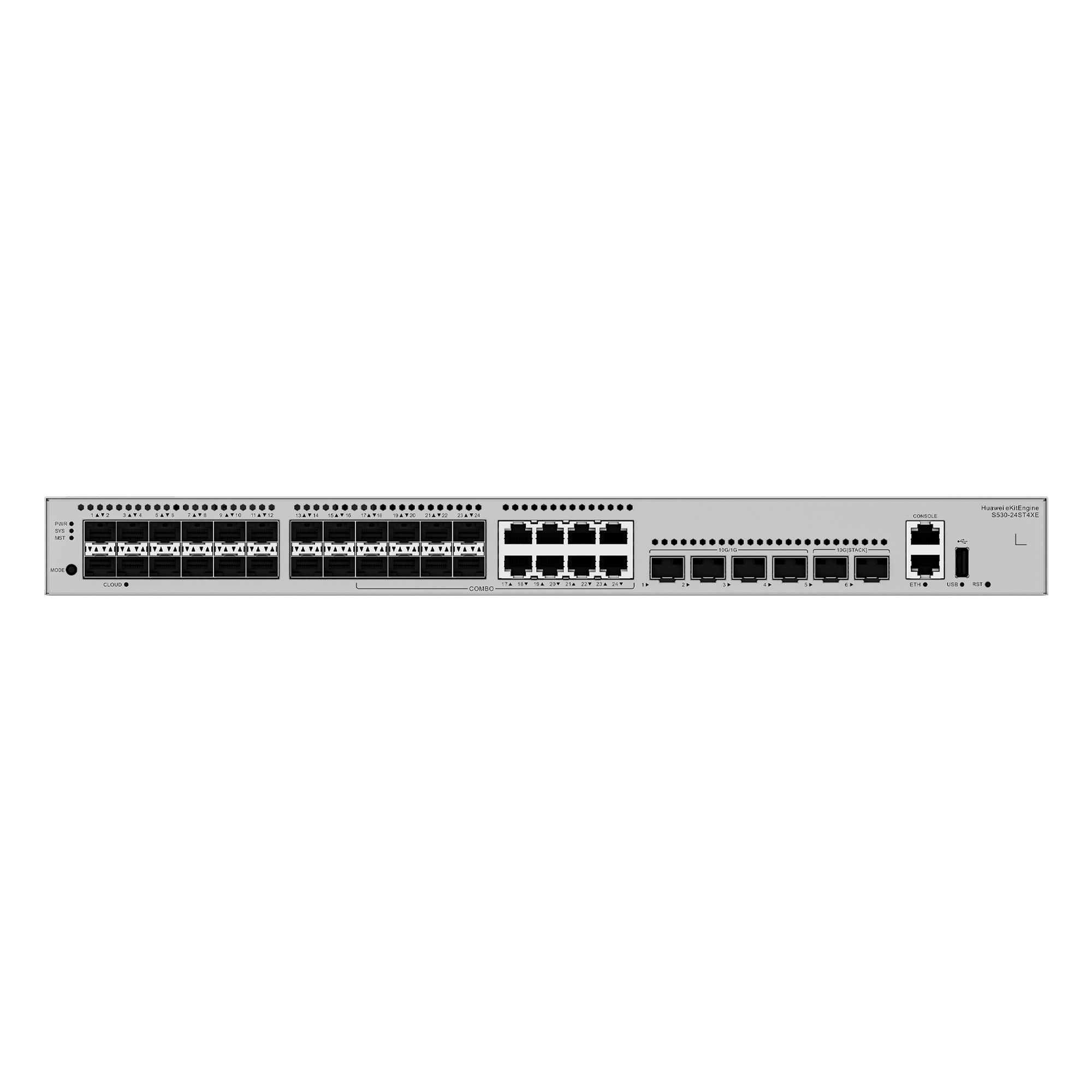Switch Core Capa 3 / 24 Puertos 1GE SFP / 8 Puertos Combo 10/100/1000 Mbps / 4 Puertos 10GE SFP+ Uplink / 2 Puertos 10GE SFP+ Stack / 176 Gbps / 132 Mpps — HUAWEI · SKU S530-24ST4XE