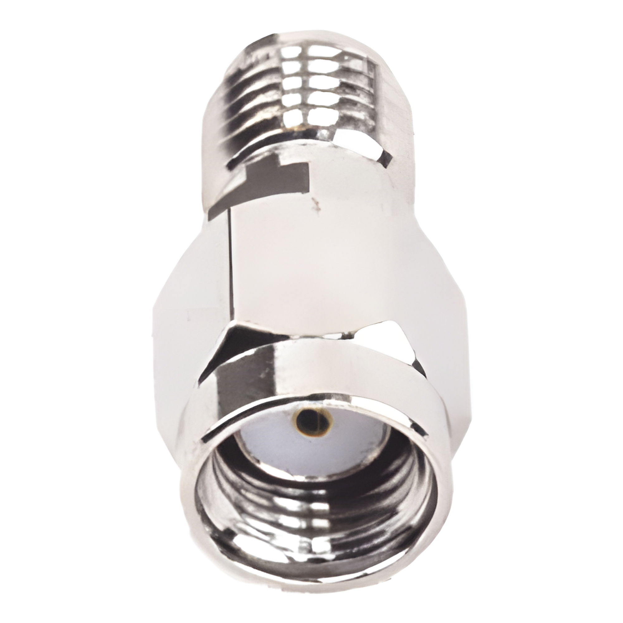 Adaptador RF en Línea / Conector SMA Macho Inverso a SMA Hembra / Cuerpo Bronce Niquelado / Contacto Oro / Aislante Teflón