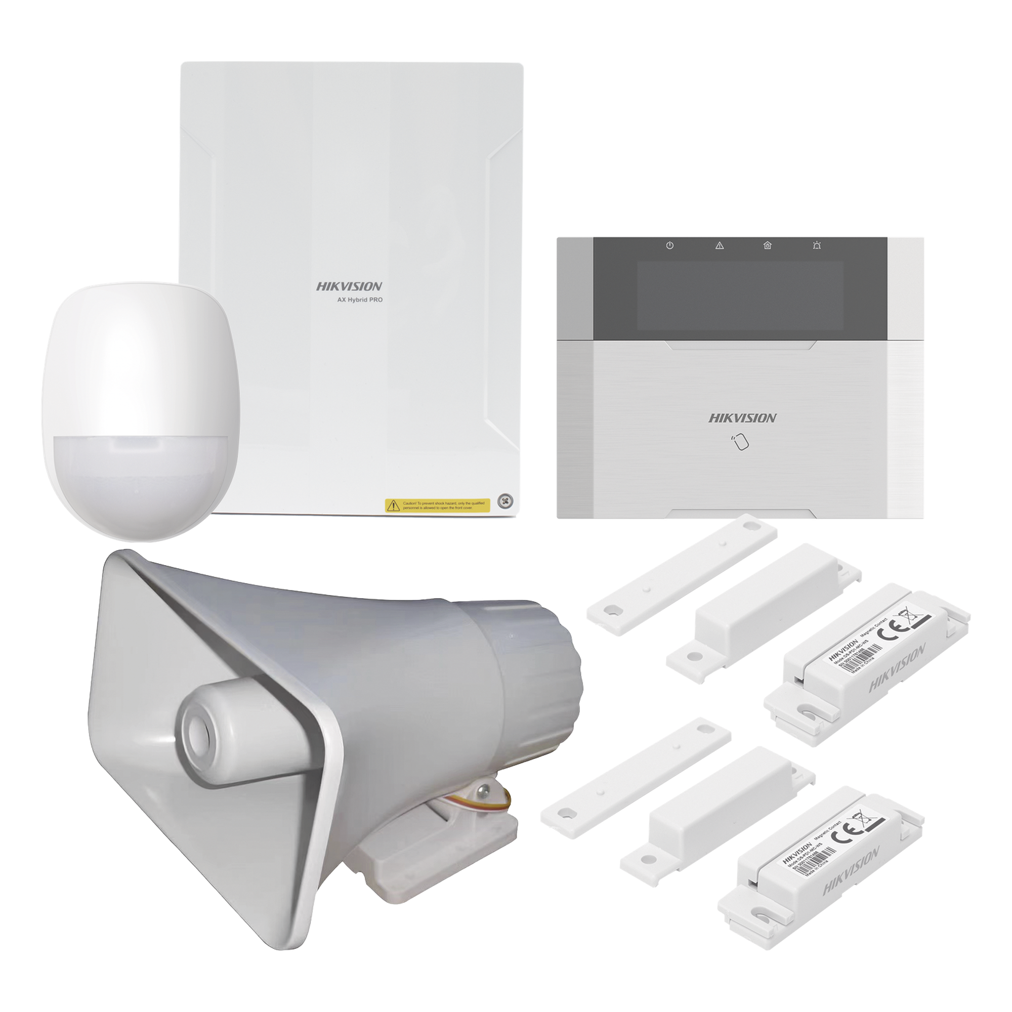 Kit Panel de Alarma Híbrido / 64 Zonas Cableadas e Inalámbricas / Teclado LCD con Lector de Tags / Sirena 120 dB IP65 / PIR 18 m Inmunidad Mascotas 10 kg — HIKVISION · SKU DS-PHA64-LP/PACK(30W)