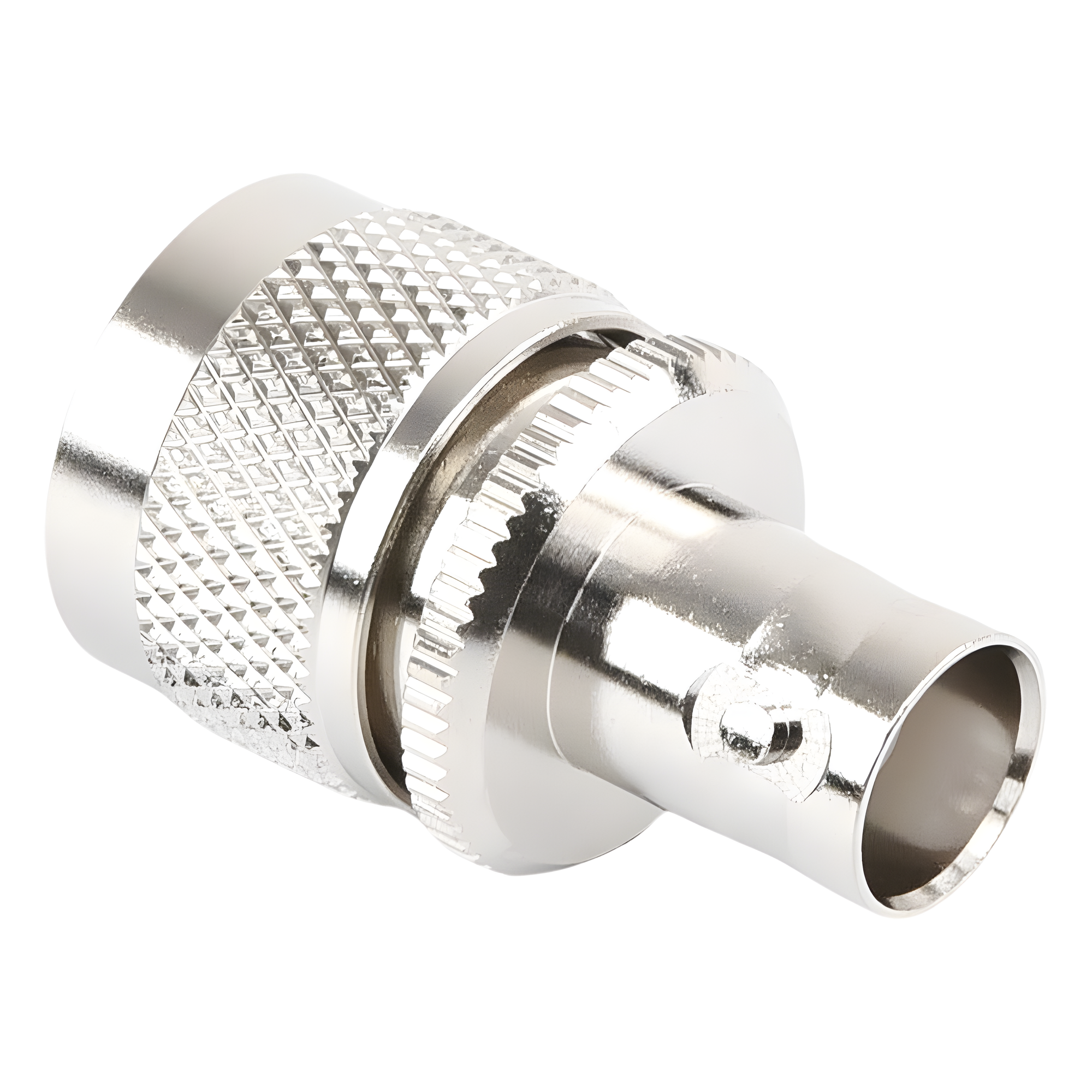 Adaptador RF en Línea / BNC Hembra a UHF Macho (PL-259) / 50 Ohm / Cuerpo Niquelado / Contacto Plateado / Aislante Delrin