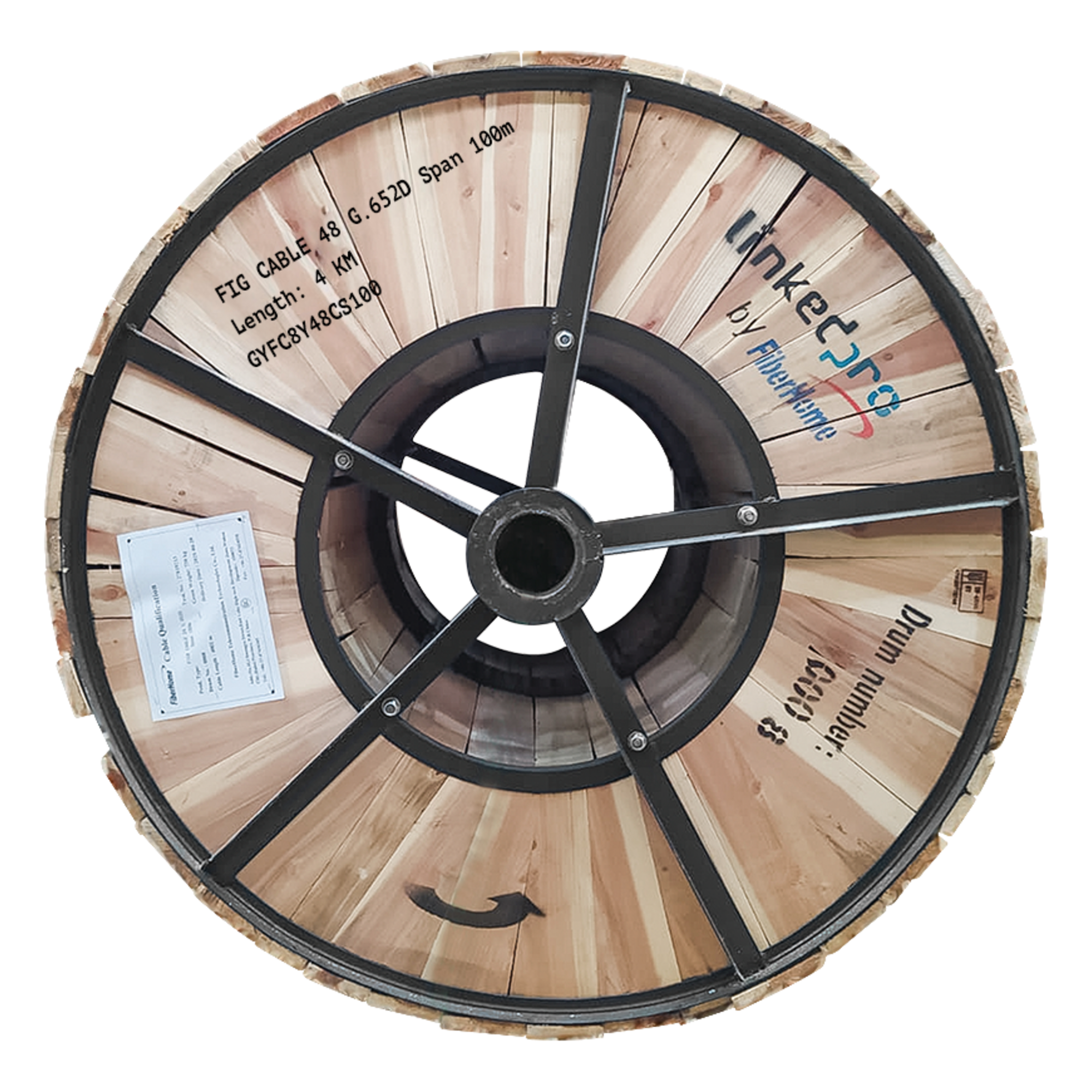 Carrete de Fibra Óptica Aérea Figura 8 / Monomodo G.652D / 48 Hilos / Span 100 m / 4 km / 13,123 pies — LINKEDPRO BY FIBERHOME · SKU GYFC-8Y-48C-S100/4KM