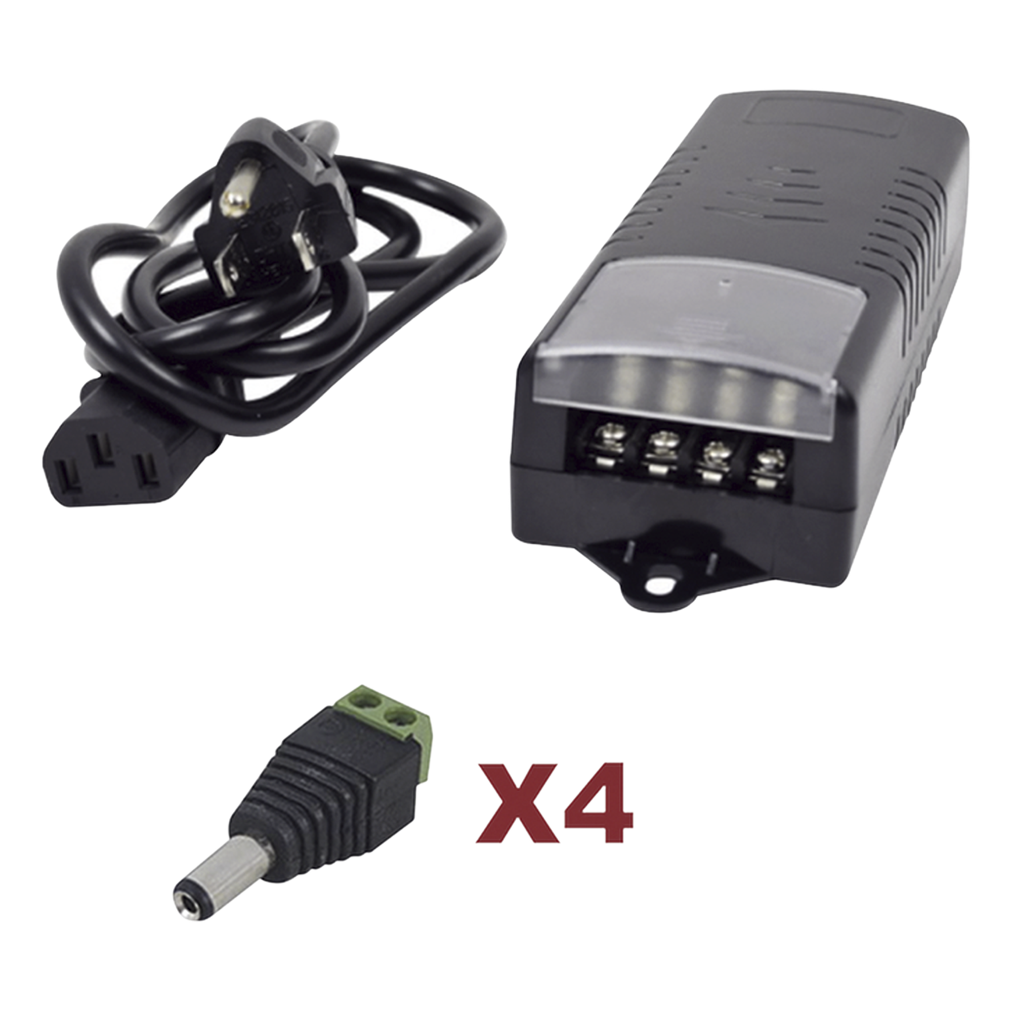 Kit de fuente de poder / Entrada 110-220 VCA / Salida 12 VCC 5A / 4 salidas / Conectores JR52 / 6A PTC / 117x62x34.2 mm / 0.38x0.20x0.11 ft — EPCOM POWERLINE · SKU K2-PS12DC4C