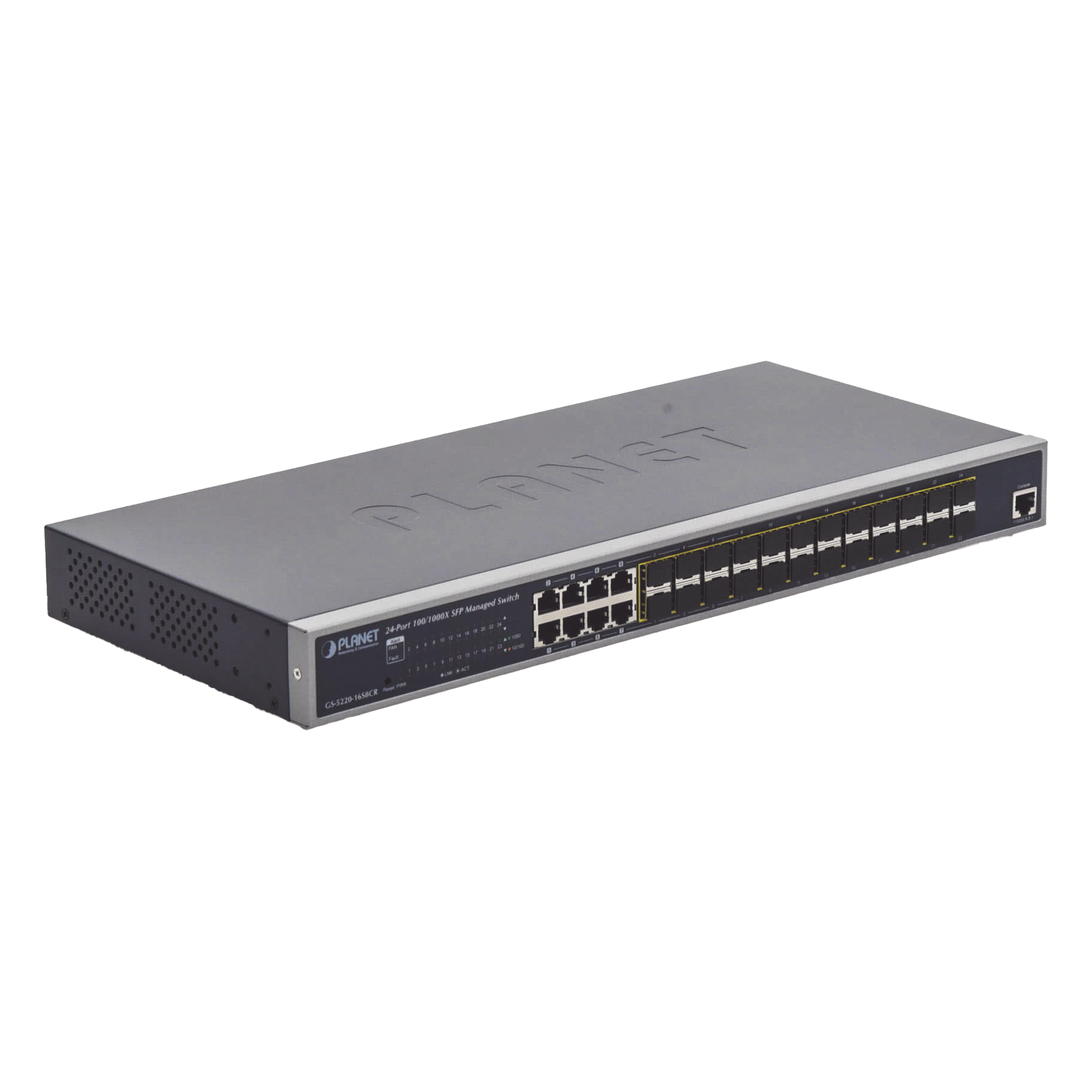 Switch Administrable Capa 2 / 24 Puertos SFP Gigabit / 8 Puertos Combo RJ45 / Fuente Redundante / 35.7 Mpps — PLANET · SKU GS-5220-16S8CR