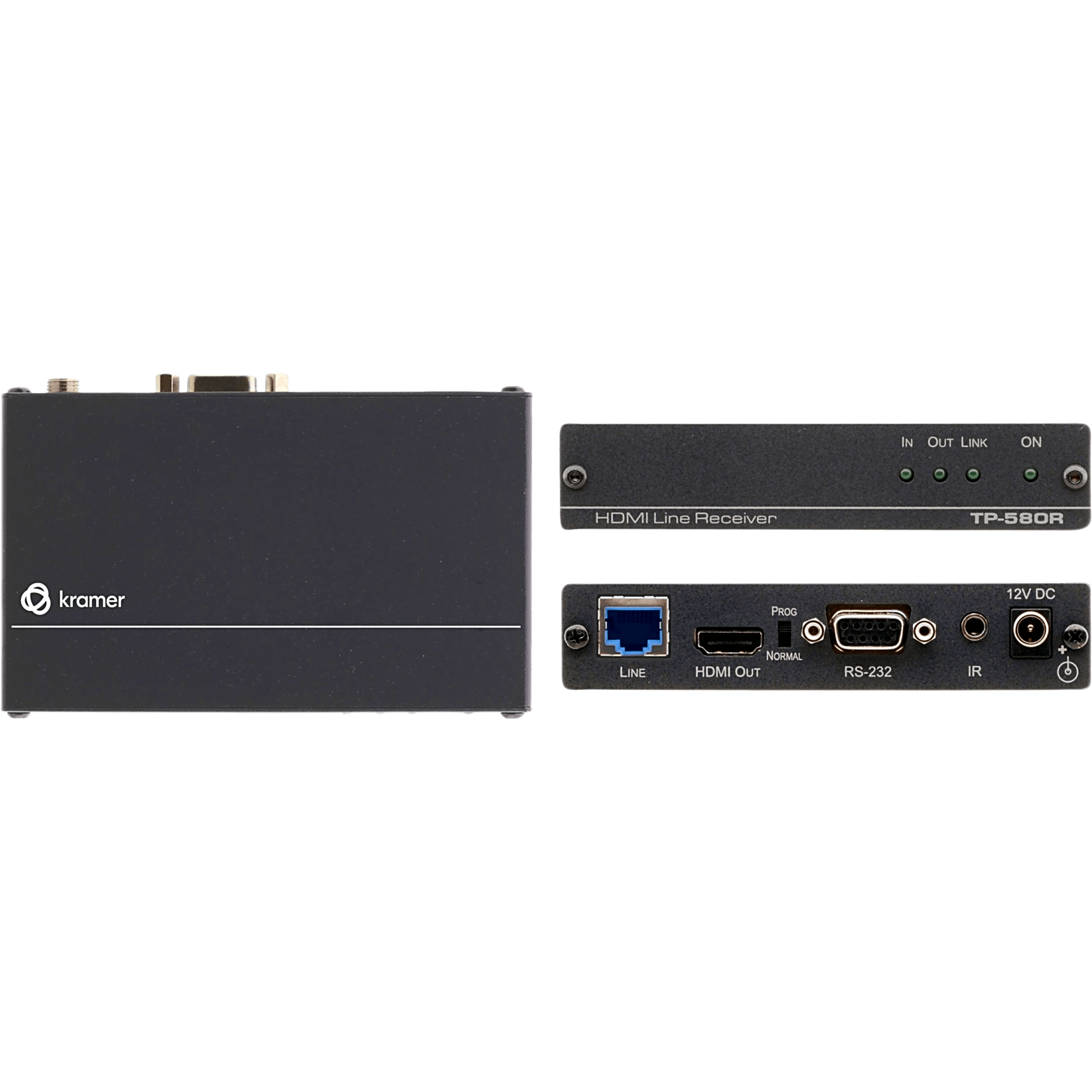 Receptor HDBaseT / 4K60 4:2:0 / HDMI 2.0 / HDCP 2.2 / RS-232 e IR Bidireccional / Extensión 40 m (130 ft) 4K / 70 m (230 ft) Full HD / I-EDIDPro — KRAMER · SKU TP-580R