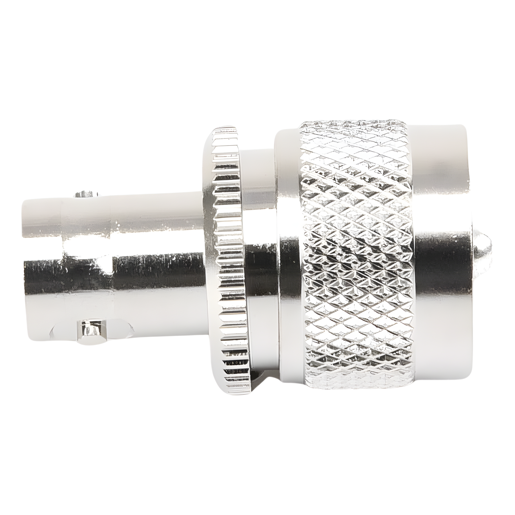 Adaptador RF en Línea / BNC Hembra a UHF Macho (PL-259) / 50 Ohm / Cuerpo Niquelado / Contacto Plateado / Aislante Delrin