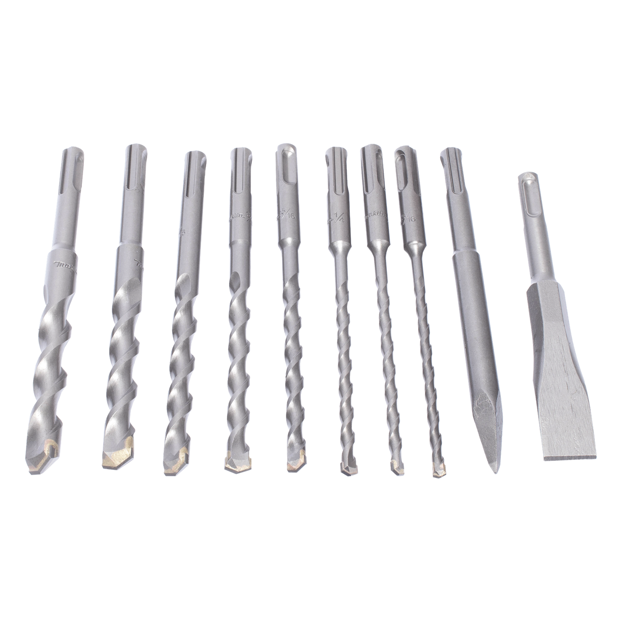 Juego de Brocas y Cincéles SDS PLUS / 10 Piezas / 3/16'' a 9/16'' / 6-1/4'' (158 mm) Largo Estándar — MAKITA · SKU D-45820