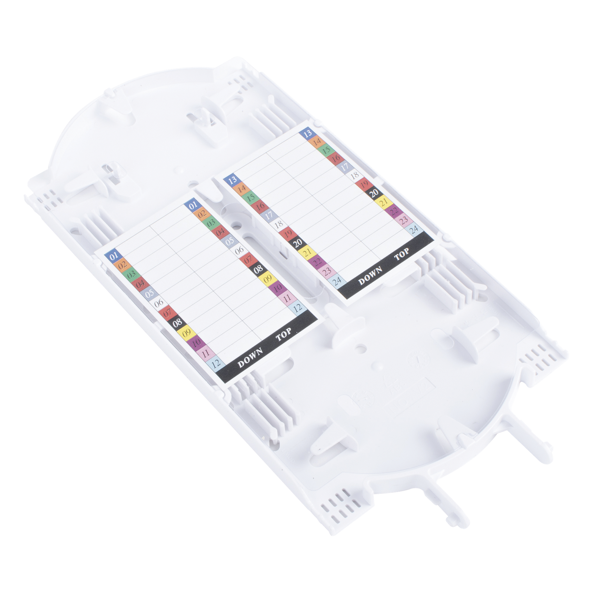 Charola de Empalme para Fibra Óptica / 24 Empalmes por Fusión / Capacidad 144 Núcleos / IP68 / -40°C a +65°C / Φ220x480 mm — FIBERHOME · SKU FOST-220J-A104
