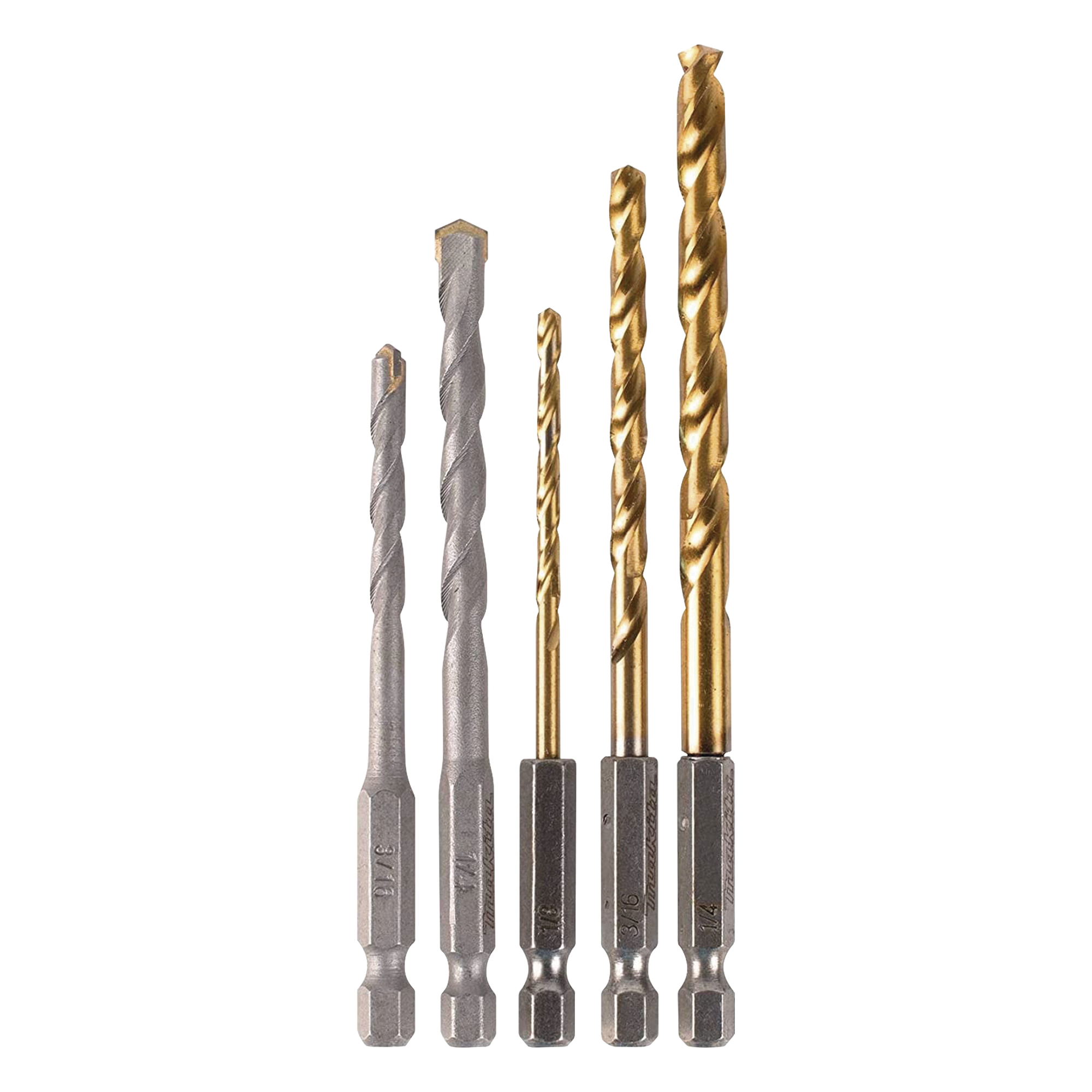 Juego de 5 Brocas con Inserción Hexagonal de 1/4". De concreto: 3/16" y 1/4". Para metal: 1/8", 3/16" y 1/4". 