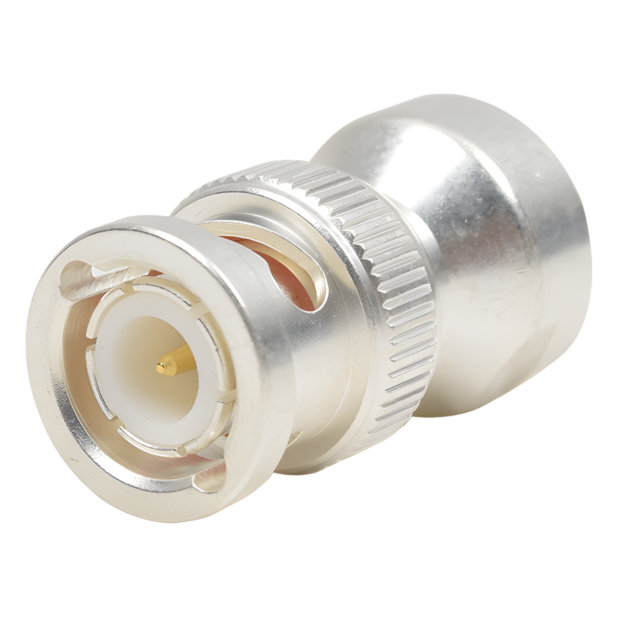 Adaptador Coaxial RF / Hembra UNIDAPT a BNC Macho / Bronce Chapado Plata / Contactos Oro 24K / Dieléctrico Teflón — RF INDUSTRIES,LTD · SKU PT-4000-004