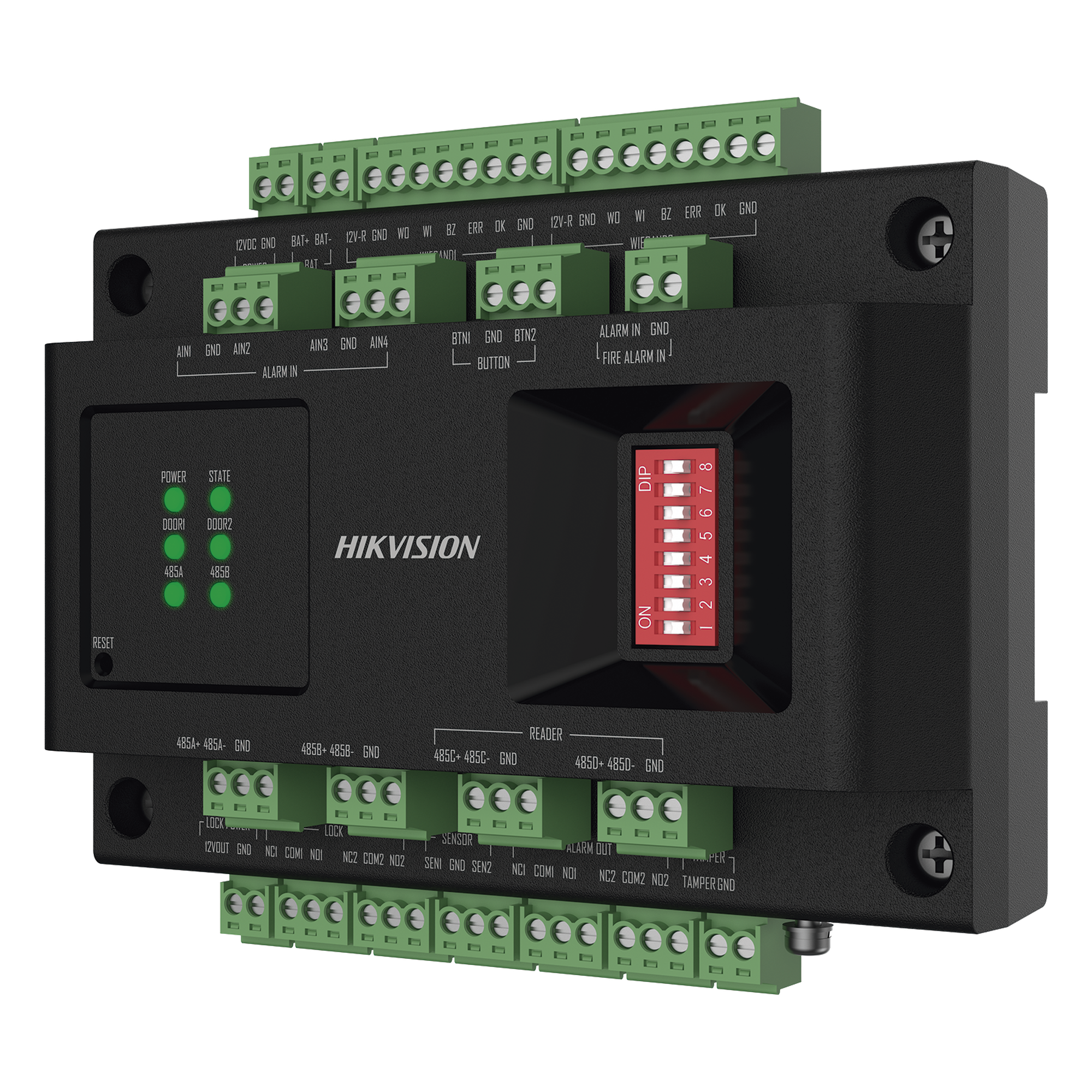 Expansor de Control de Acceso / 2 Puertas / Comunicación RS-485 / 4 Entradas y 2 Salidas Auxiliares / 12V DC / -10°C a 55°C — HIKVISION · SKU DS-K2M002X