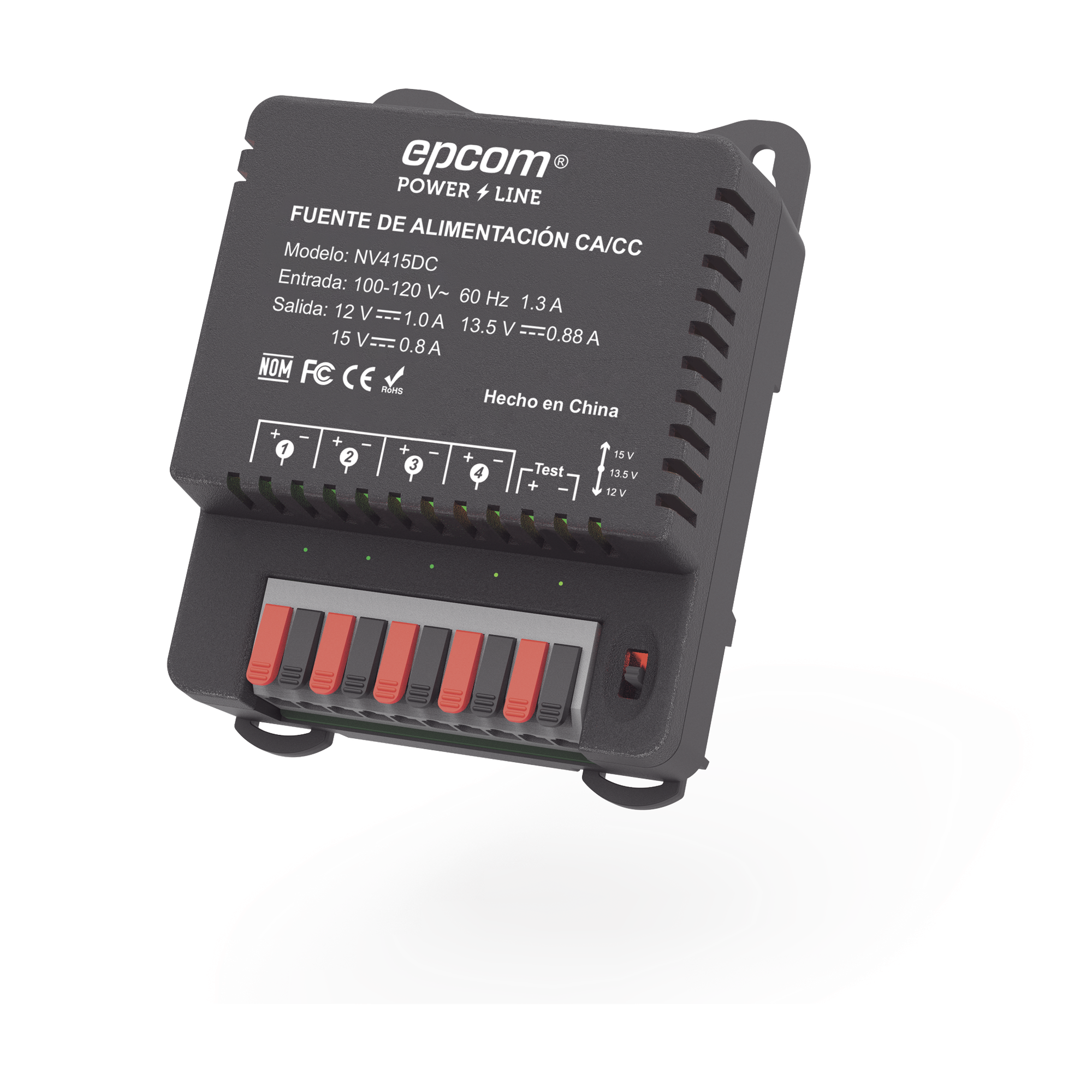 Fuente de Poder / 4 Canales / Salida Ajustable 12/13.5/15 Vcc / 4 A / Protección OVP-OCP-OTP-SCP / Montaje en Pared — EPCOM POWERLINE · SKU NV-415-DC