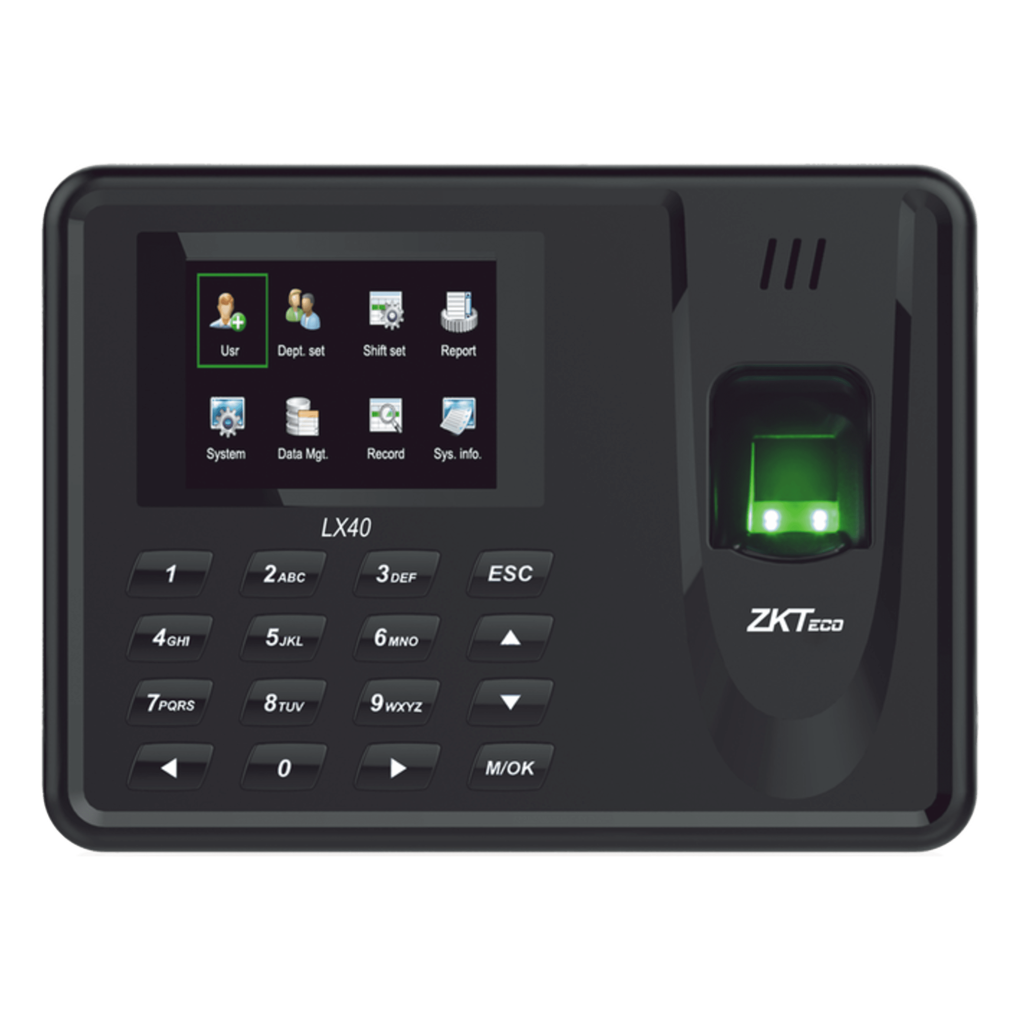 Terminal de Asistencia / Huella Digital / 500 Huellas / 50,000 Eventos / Reportes Excel vía USB / 7.2 x 5.3 x 1.4 in — ZKTECO · SKU LX40ZI