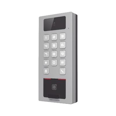 (PoE / 2 Relays) Terminal de Control de Acceso / Videoportero Multiapartamento Llamada a App / Teclado / Exterior Antivandálico IP65 & IK09 / Huella, Tarjeta, Código QR, PIN o App Hik-Connect  / Cámara 2 MP compatible con NVRs