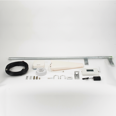 Kit PLUS de Amplificador de Señal Celular 5G / Penta Banda / Soporta 2G, 3G, 4G y 5G / Compatible con TELCEL, AT&T, MOVISTAR y OMV / Cobertura hasta 250 m2 / Incluye Antenas, Jumpers coaxiales y mástil.