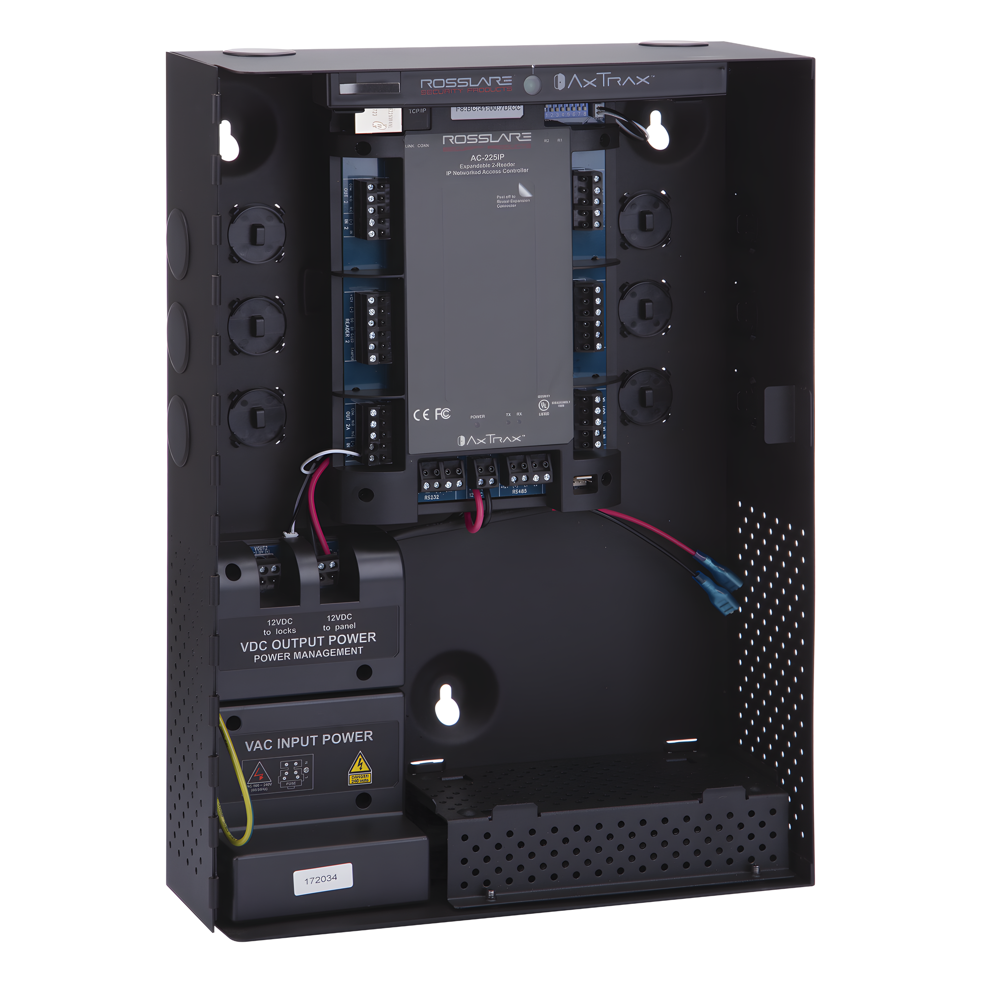 Controlador de Acceso IP / 2 Lectoras Wiegand / 30,000 Tarjetas / 20,000 Eventos / Gabinete con Fuente 12VDC 4A / TCP-IP y RS485 — ROSSLARE SECURITY PRODUCTS · SKU AC-215IP-BU