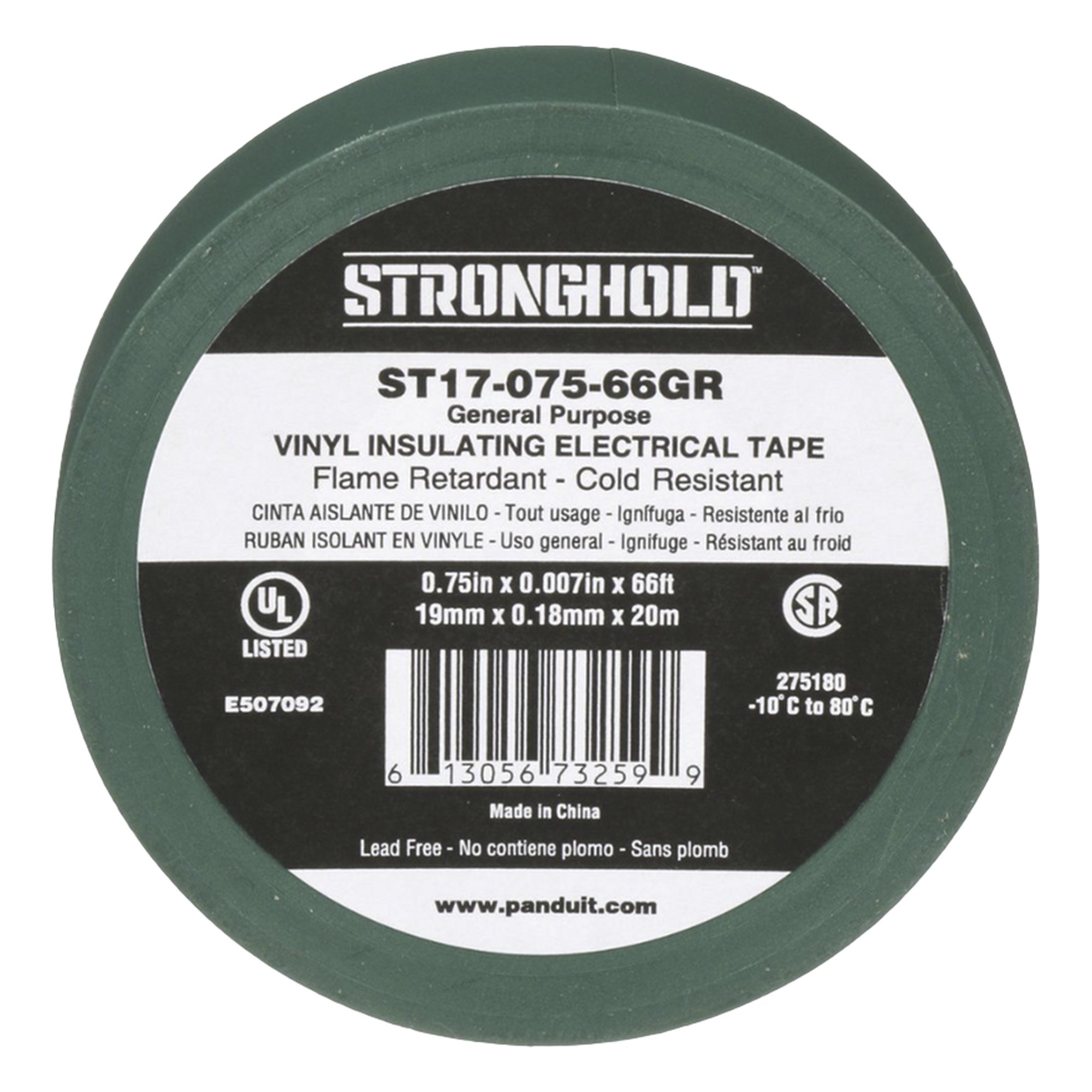 Cinta Aislante Eléctrica / PVC 0.18 mm / 19 mm x 20.12 m (66 ft) / 600V / -10°C a 80°C / Verde — PANDUIT · SKU ST17-075-66GR