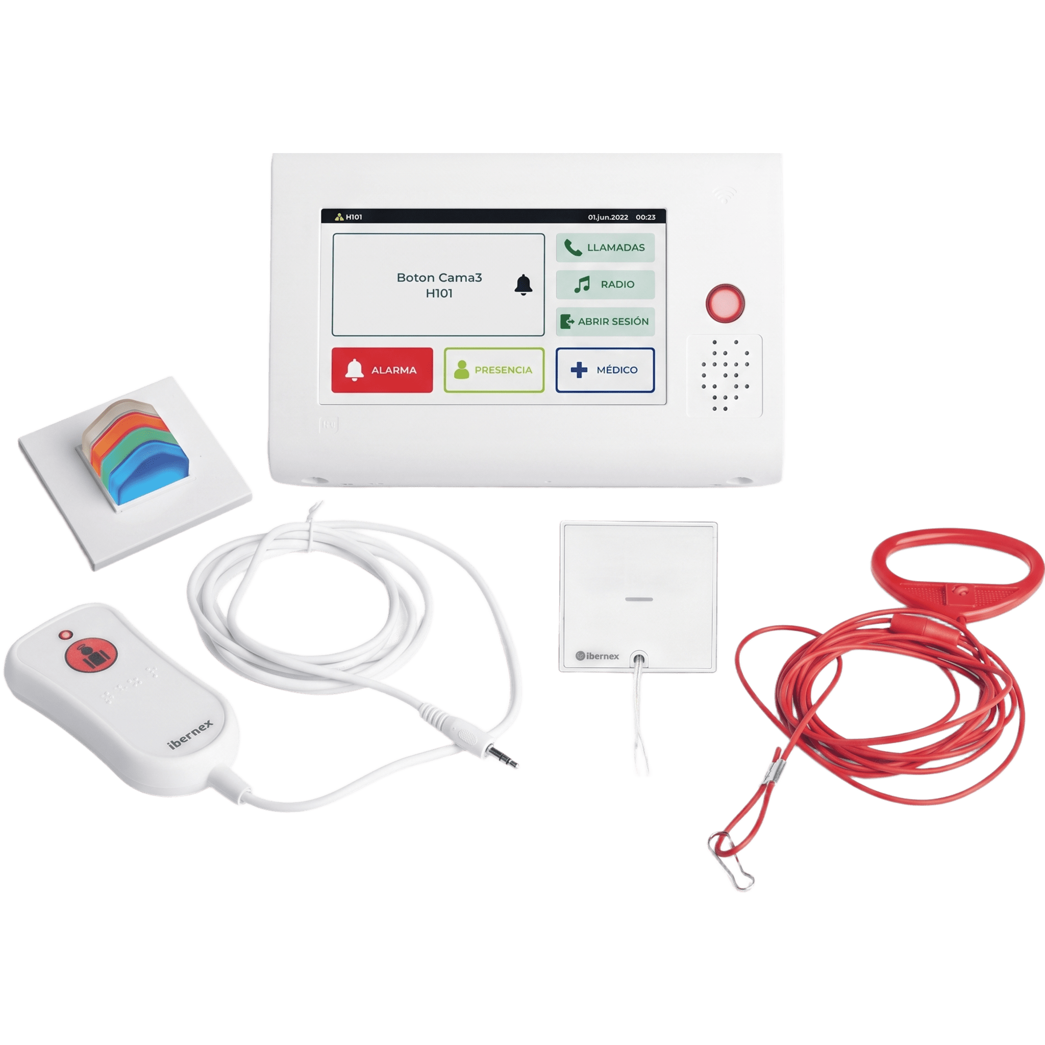 Kit de Habitación Hospitalaria IP / Terminal 7" Táctil VoIP SIP / Pulsador Cama IP67 / Luz Cuatricolor RGB / Tirador Baño Antibacteriano / PoE — IBERNEX · SKU KIT-NX1021-ROOM
