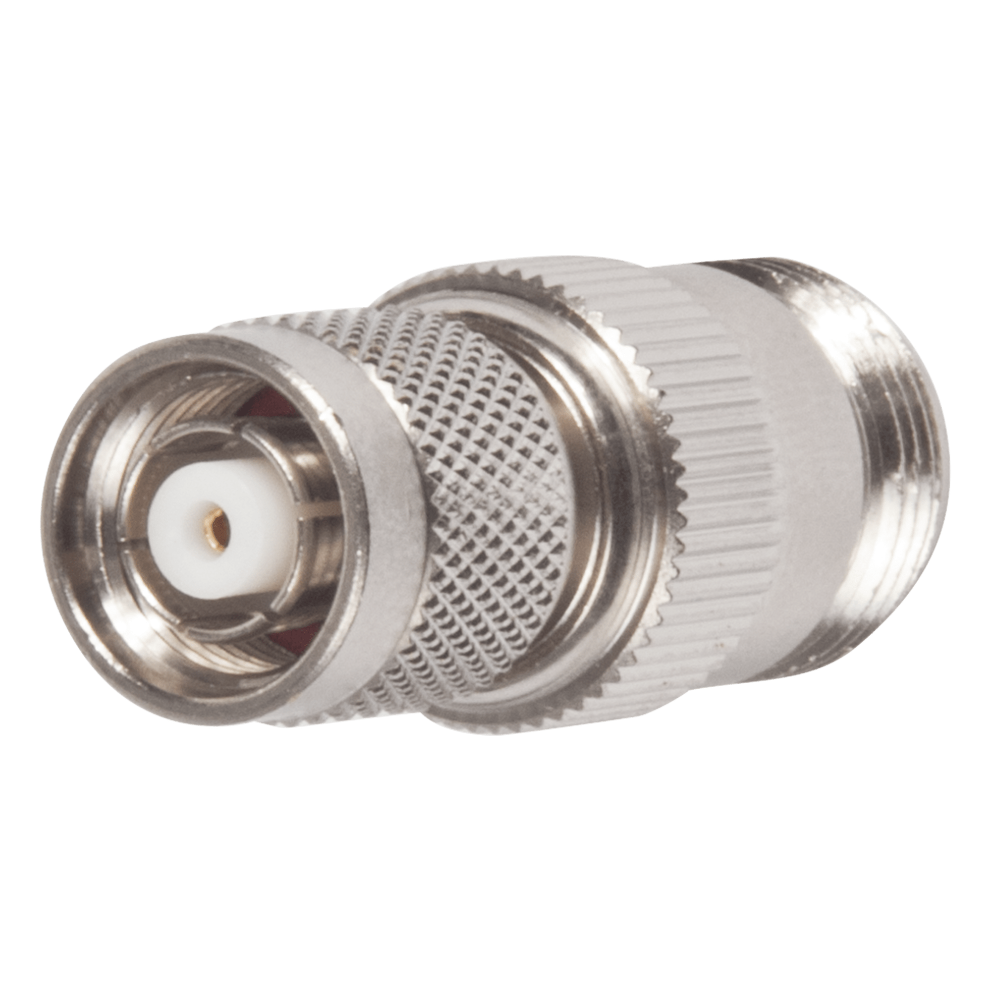 Adaptador RF en Línea / TNC Macho Inverso a N Hembra / Cuerpo Bronce Niquelado / Contacto Oro / Aislante Teflón — RF INDUSTRIES,LTD · SKU RP-1234
