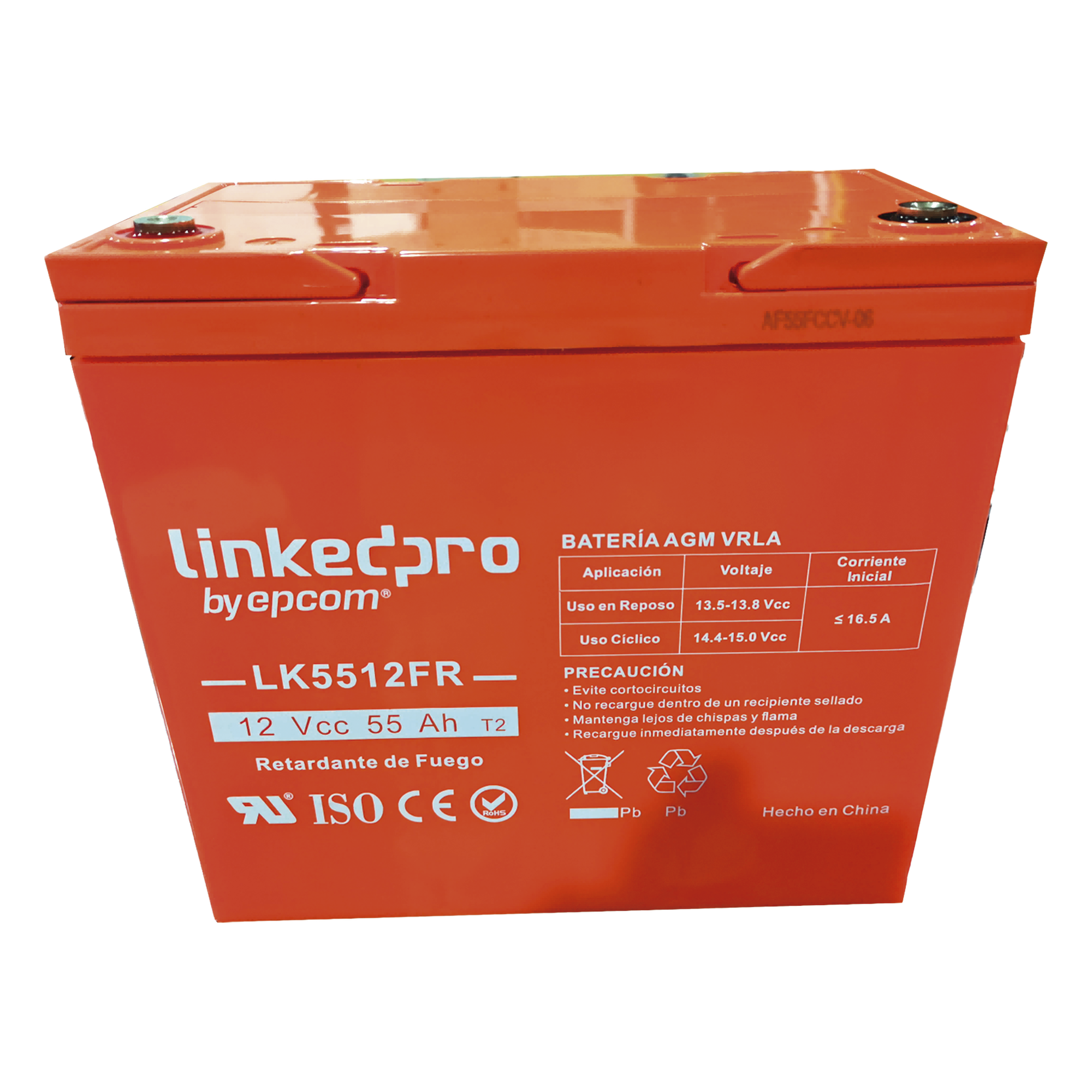 Batería de Respaldo AGM-VRLA / 12 V / 55 Ah / Terminales T2 / Vida Útil 5 Años / UL94-V0 / 230 x 139 x 215 mm (9.1 x 5.5 x 8.5 in) — LINKEDPRO BY EPCOM · SKU LK5512FR