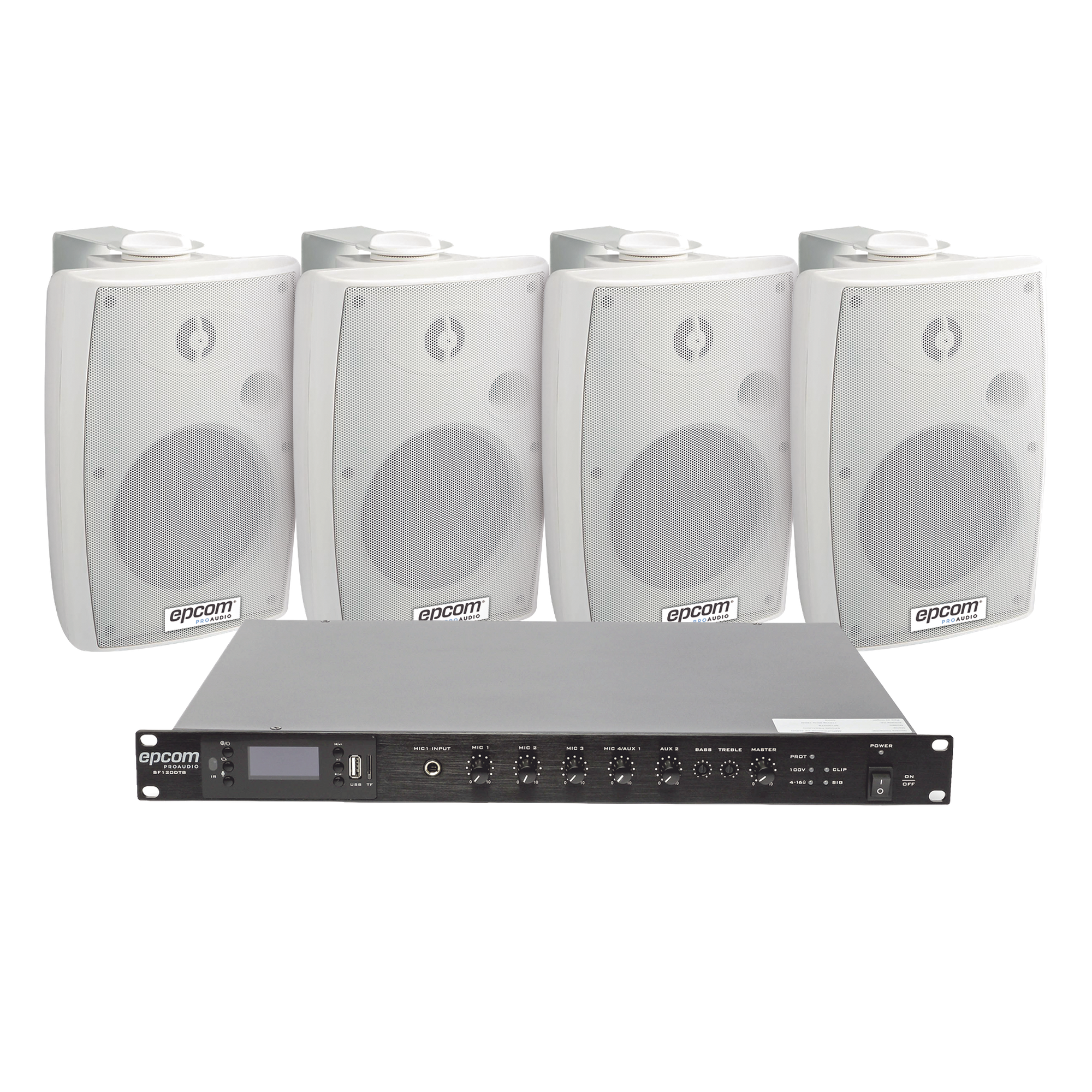 Kit Amplificador de Audio para Rack / 120W RMS / 4 Altavoces de Pared IP54 / Sistema 70/100V / 4 Entradas Micrófono / Bluetooth MP3 Tuner USB — EPCOM PROAUDIO · SKU SF120DTB/4WSW