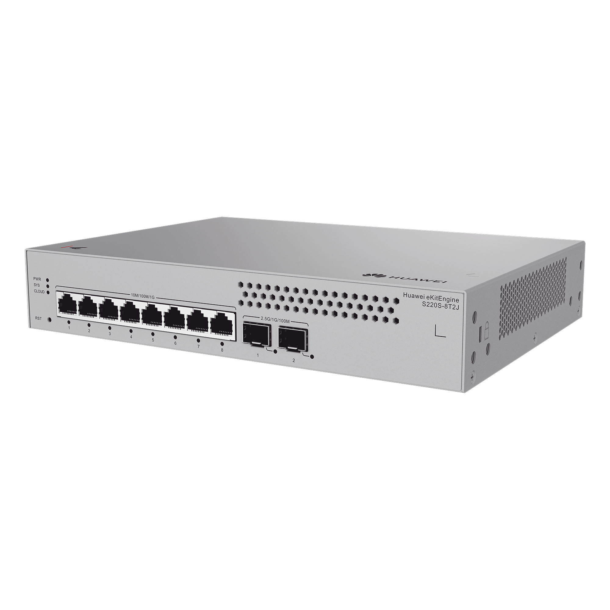Switch de Acceso Administrable Capa 2 / 8 Puertos Gigabit / 2 Puertos SFP 1/2.5 Gbps / 26 Gbit/s Non-Blocking / Sin Ventiladores / Gestión en la Nube — HUAWEI · SKU S220S-8T2J