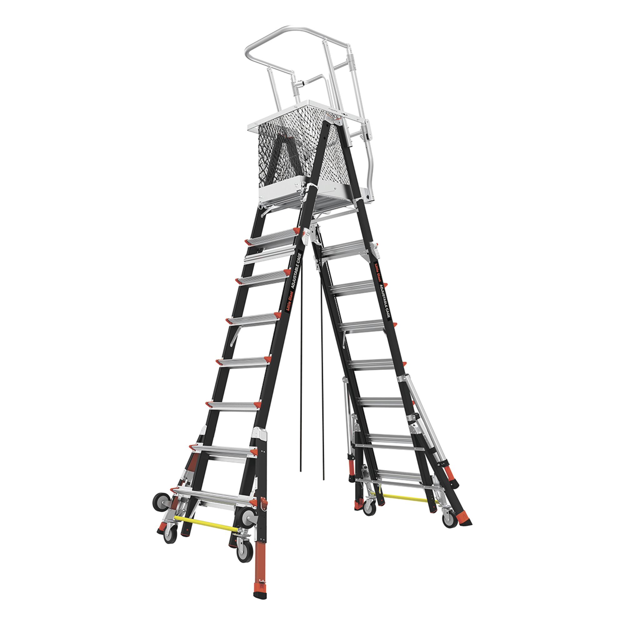 Escalera de Fibra de Vidrio  con Jaula de 8'-14' (2.44 - 4.27 m). Con Ajuste en Ruedas (RATCHET™ Leveler) (SKU:18515-817).