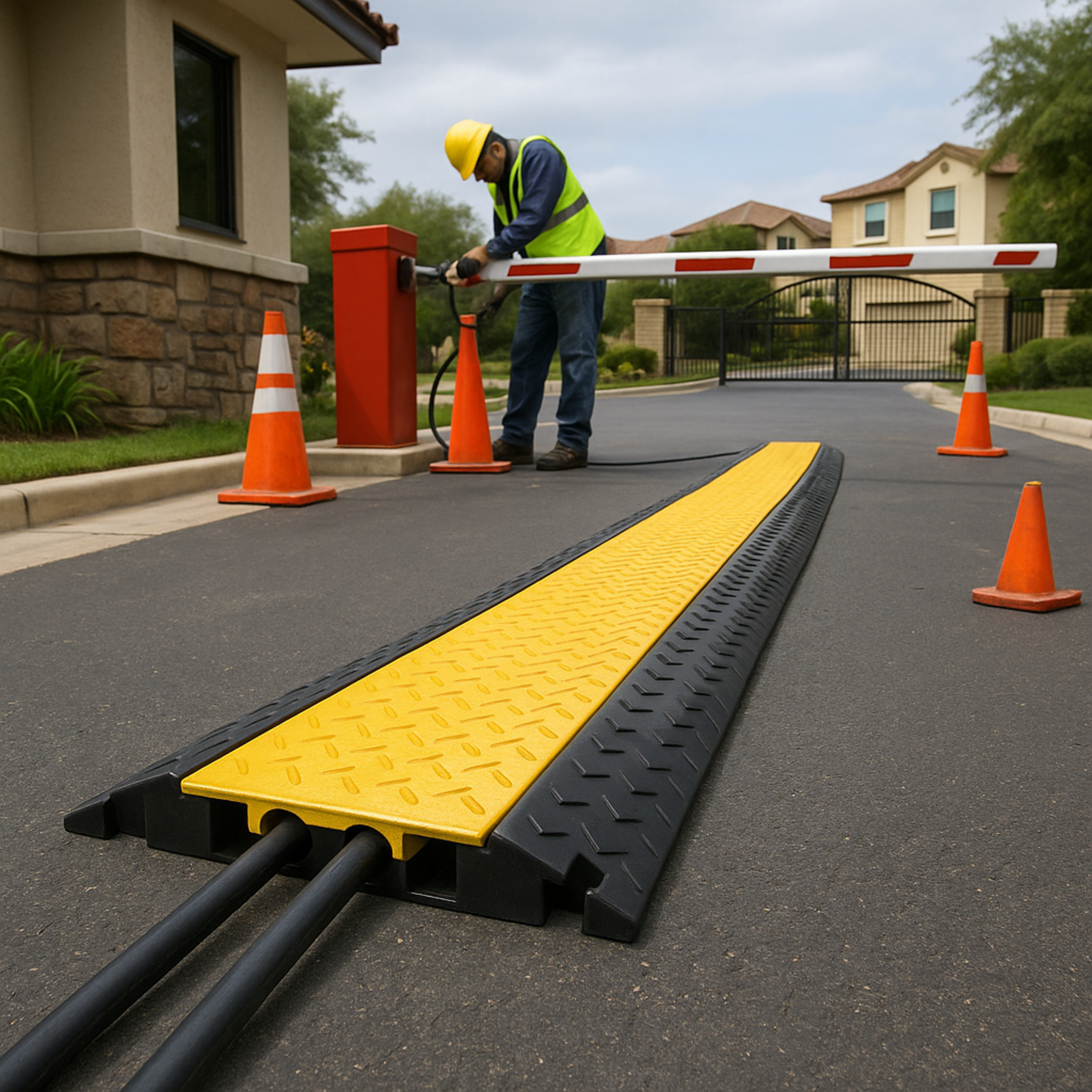 Protector de Cable de 5 Canales / Base de Goma y Tapa de Plástico / Capacidad 4.6 Toneladas / Canal 38x35MM / Longitud 90 cm / Amarillo y Negro