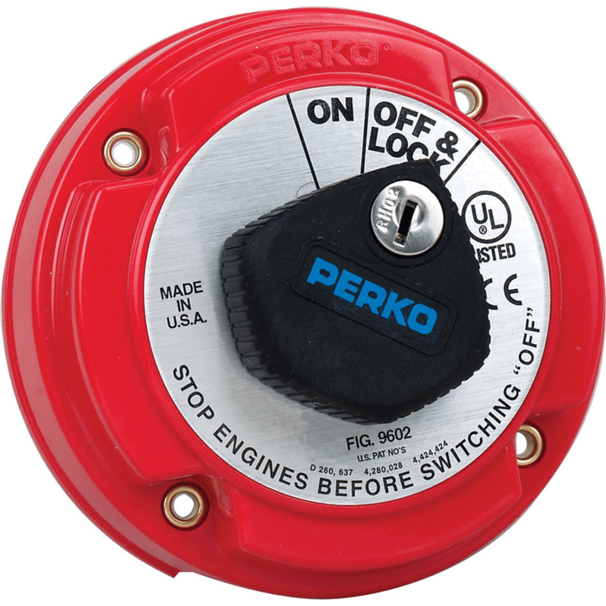 Interruptor de Desconexión de Batería Marina / 250 A Continuos / 360 A Intermitentes / 6-32 VCC / Bloqueo con Llave / Montaje en Superficie / Encendido Protegido — PERKO · SKU 9602DP