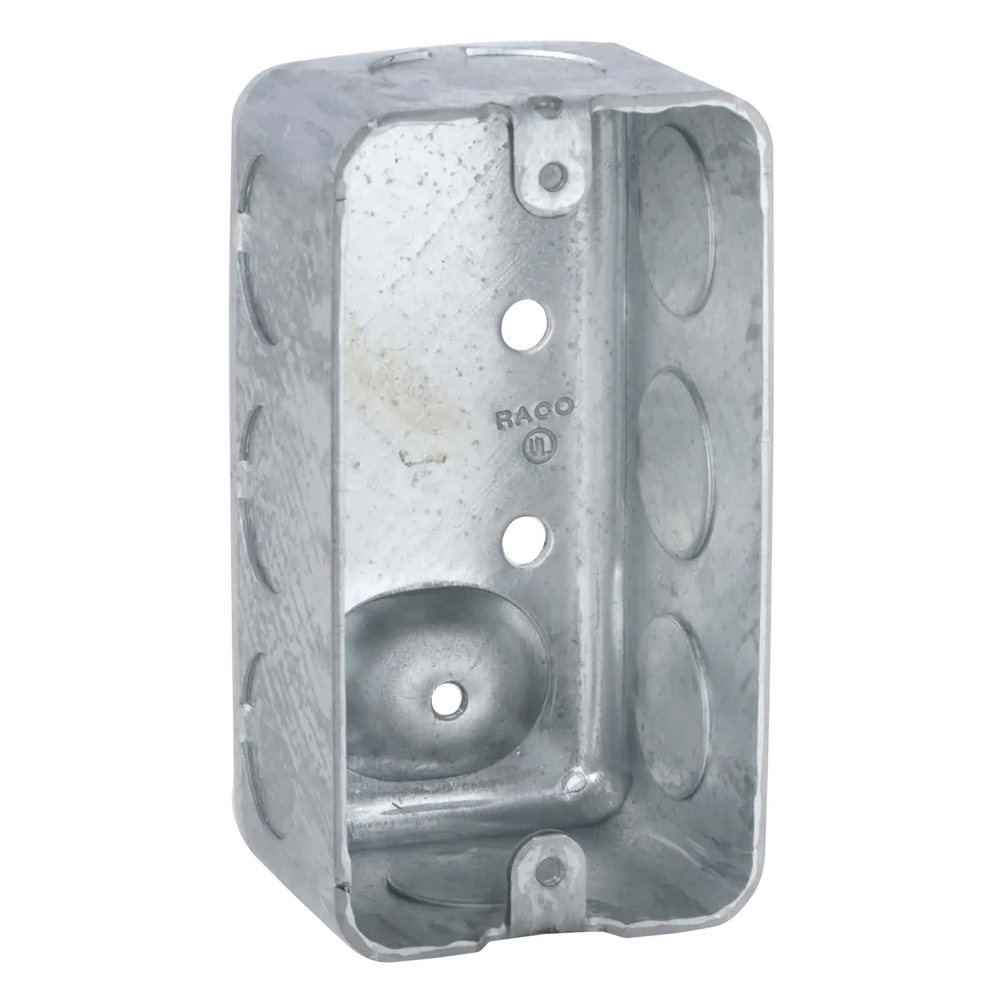 Caja de Conexión Tipo Chalupa / Acero Galvanizado / 4 x 2.125 in / Profundidad 1-7/8 in / 8 Entradas Conduit / 13.0 in³ / UL Listed — RACO · SKU HUB-666