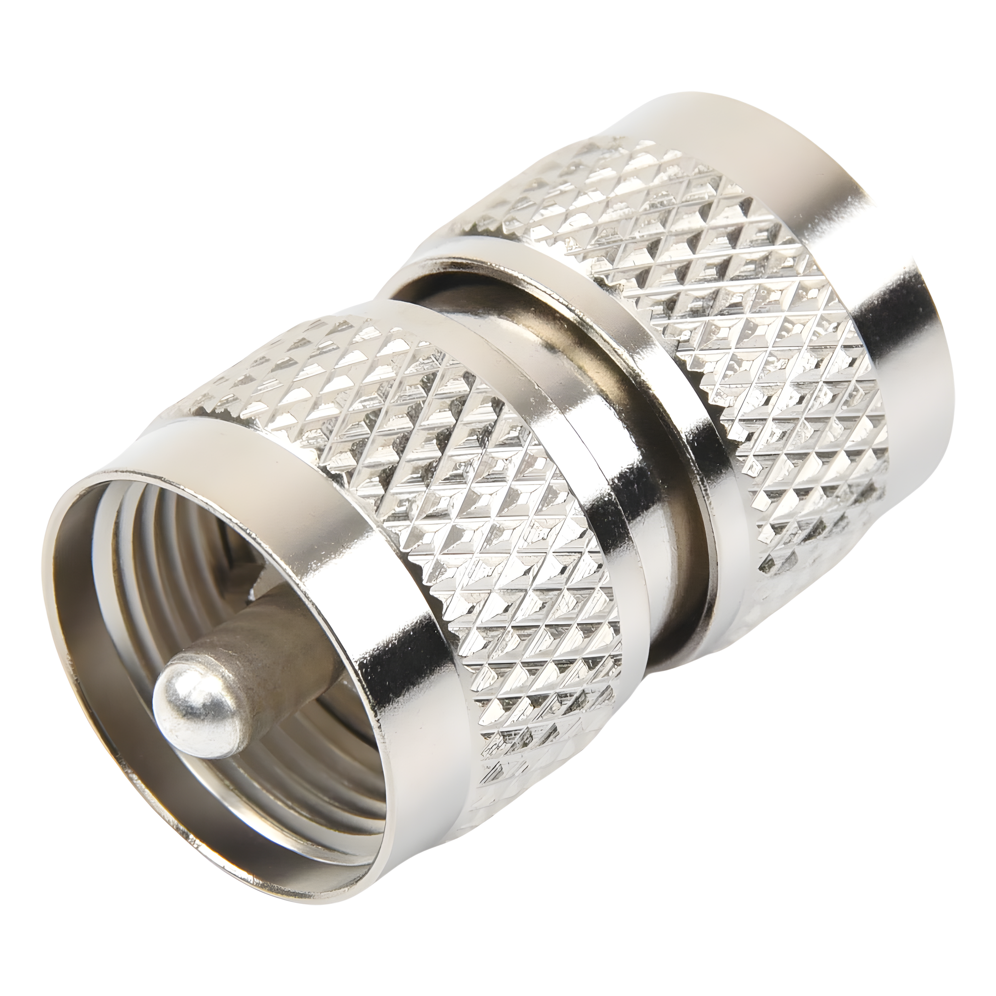 Adaptador RF Coaxial / UHF Macho a UHF Macho / Barril en Línea / Cuerpo Bronce Niquelado / Aislante Teflón