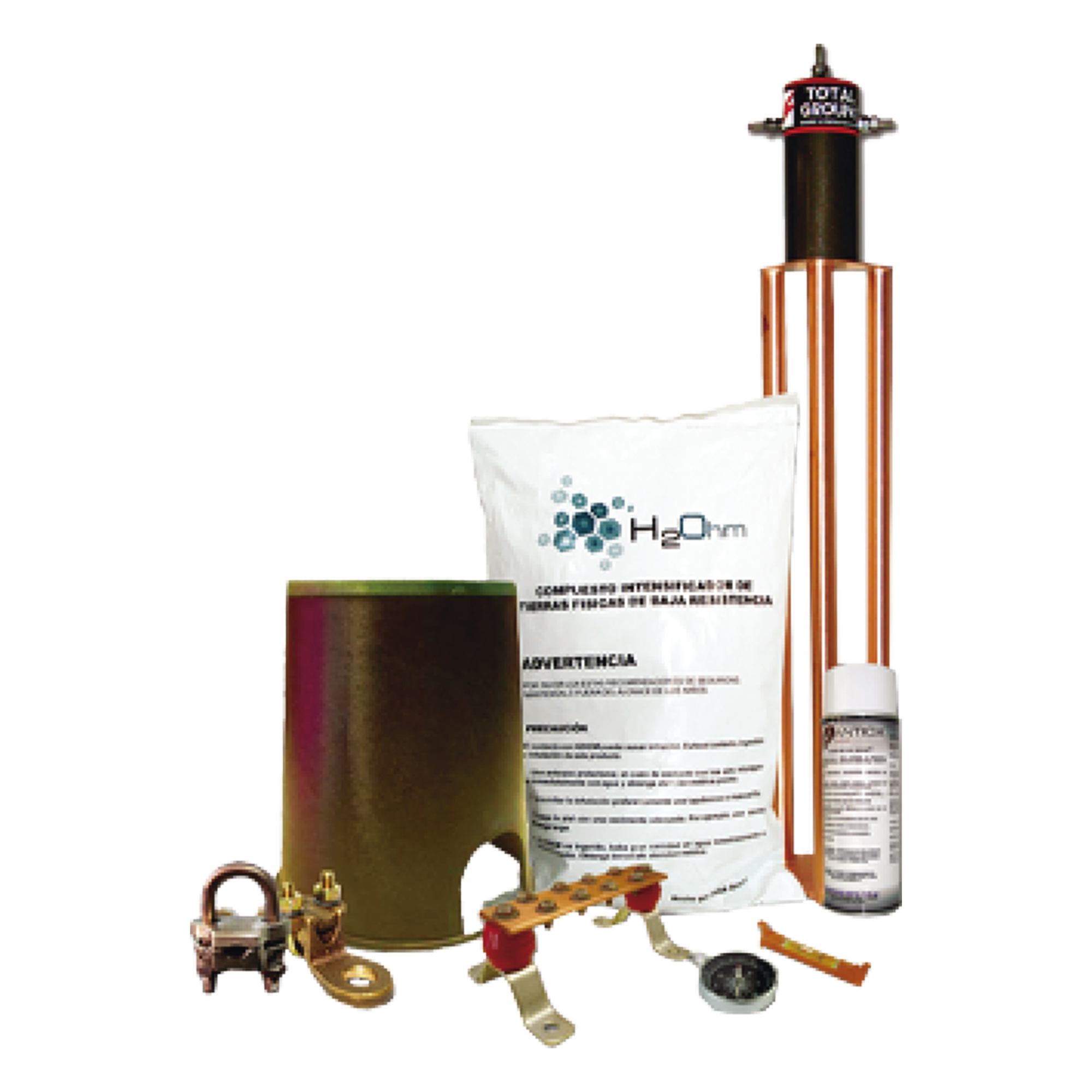 Kit de Puesta a Tierra / Electrodo 100 A / Resistencia < 2 Ohm / Compuesto H2OHM / Diseño Magnetoactivo / Cobre Electrolítico — TOTAL GROUND · SKU KIT-MASTER-100AB