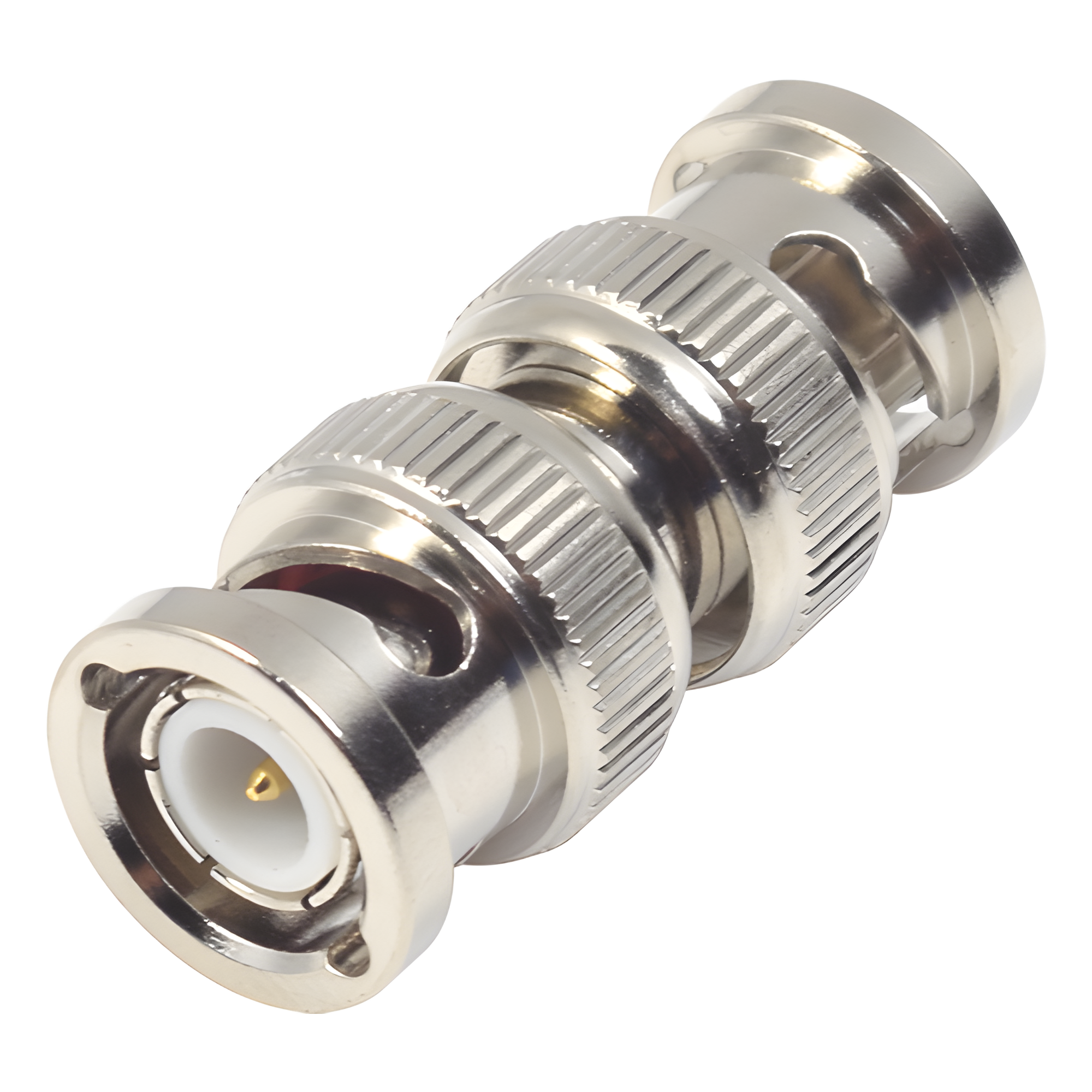 Adaptador Coaxial / BNC Macho a BNC Macho / 75 Ohm / Montaje en Línea / Cuerpo Niquelado / Contacto Oro / Aislante Teflón — RF INDUSTRIES,LTD · SKU RFB-1733