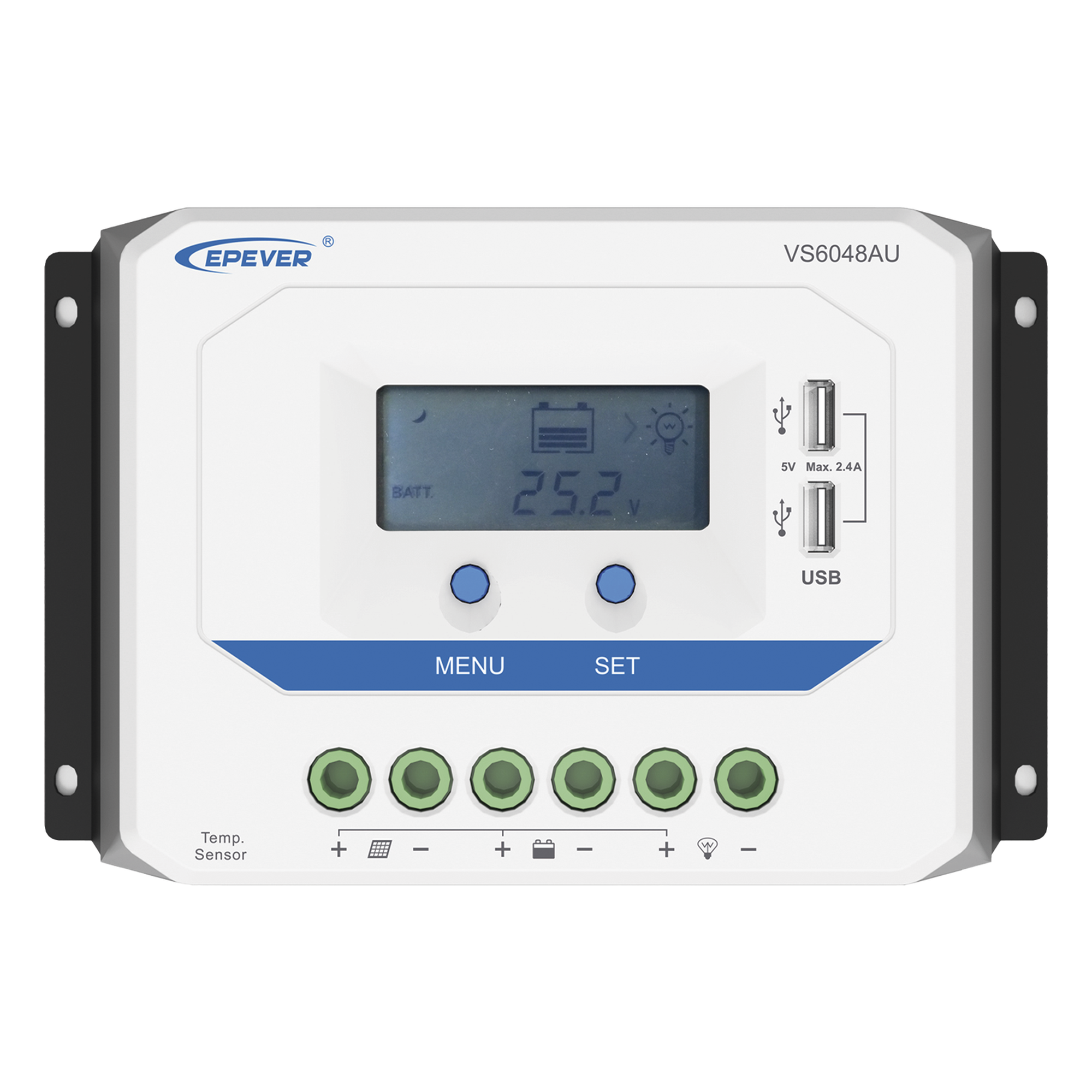 Controlador de Carga Solar PWM / 60A / Auto 12/24/36/48V / Pantalla LCD / USB Dual 5V 2.4A / Tierra Positivo Común — EPEVER · SKU VS6048AU