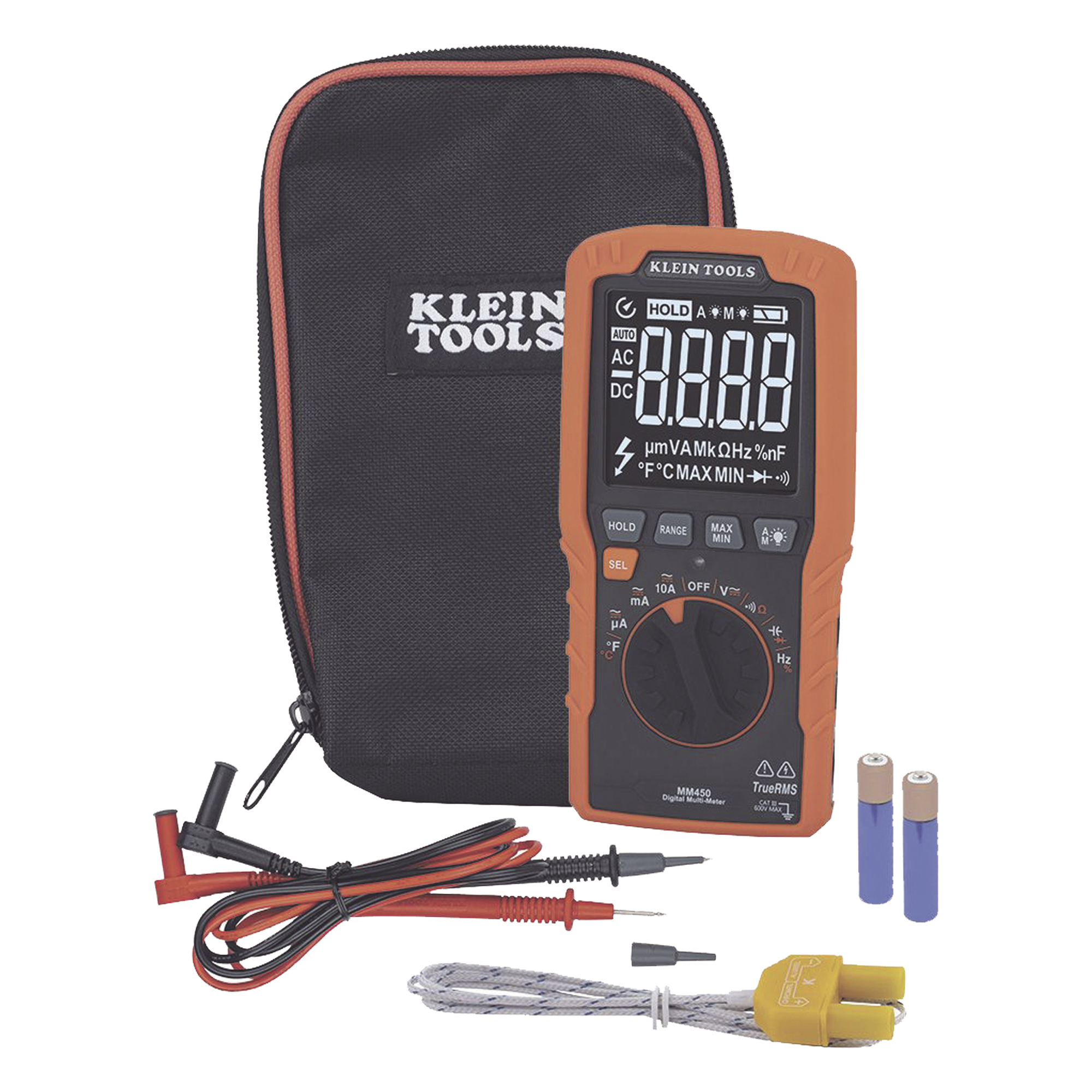 Multímetro Digital / TRMS / 600V CA/CC / 10A CA/CC / Temperatura y Capacitancia / Retroiluminación Automática / Resistente a Caídas 2 m (6.6 ft) — KLEIN TOOLS · SKU MM450