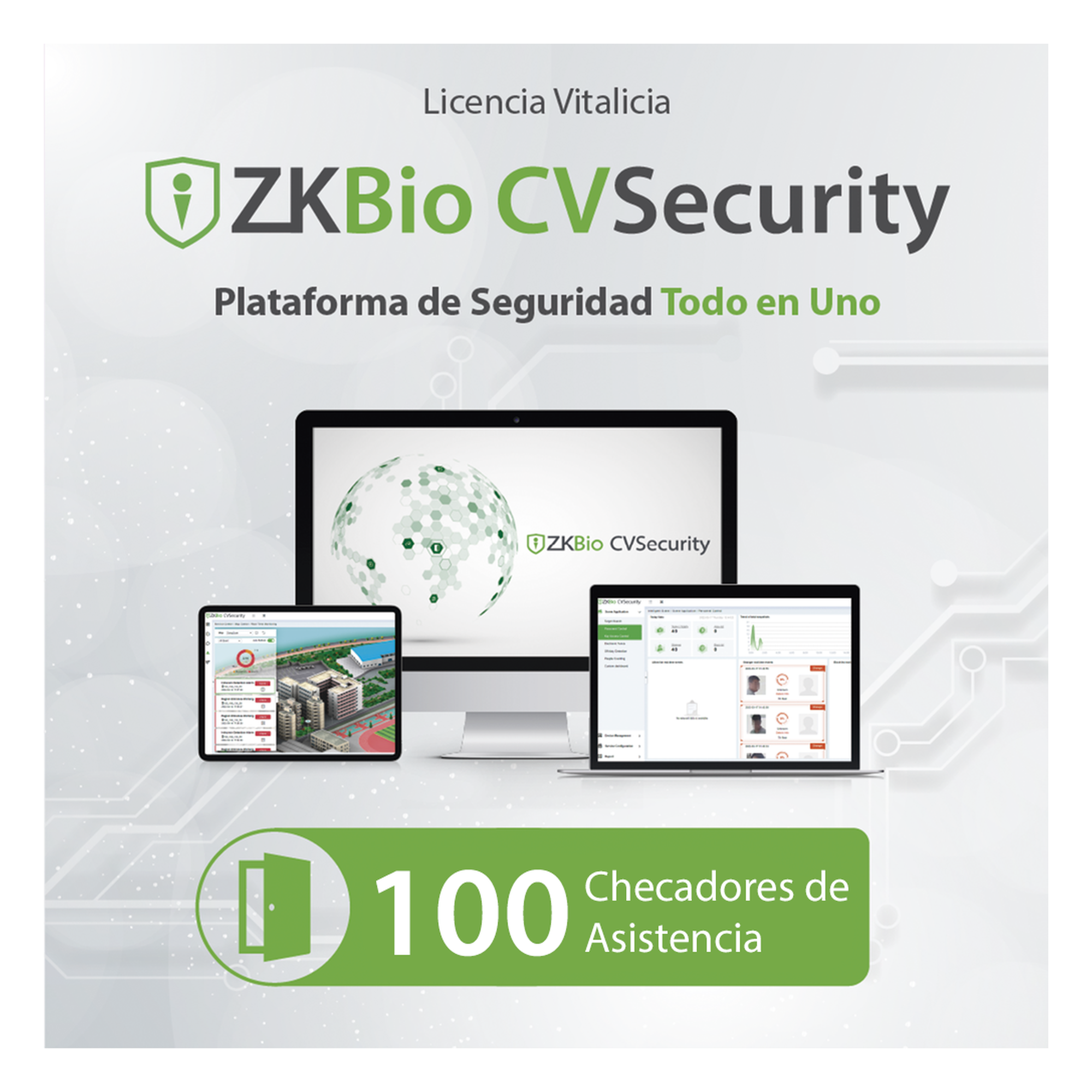 Licencia de Software / Gestión de 100 Dispositivos / Control de Tiempo y Asistencia / Compatible InBioPro-InBio-APX-Green Label — ZKTECO · SKU ZKCVTAP100