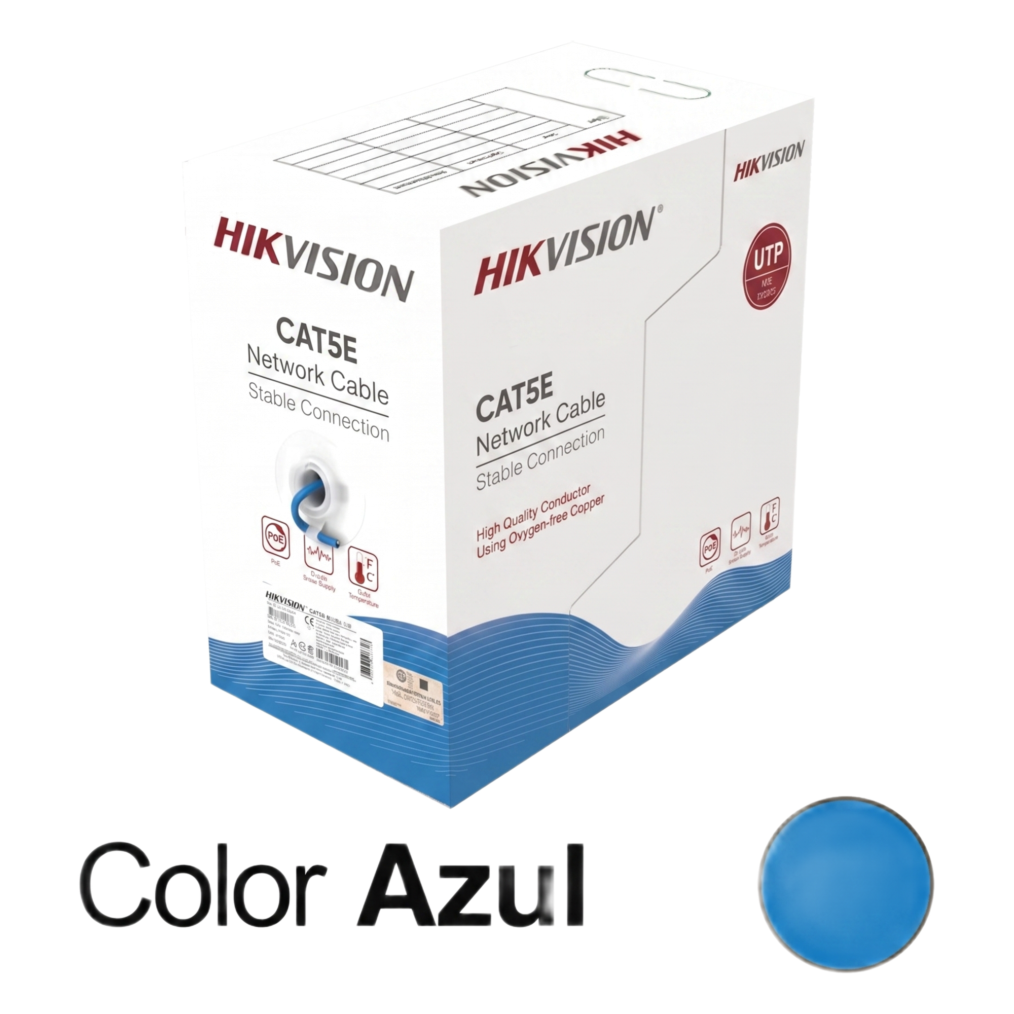 Bobina de Cable UTP / Cat5E 24 AWG / 305 m (1000 ft) / 100% Cobre / PoE 802.3af/at / Uso Interior / PVC CM — HIKVISION · SKU DS-1LN5E-SB