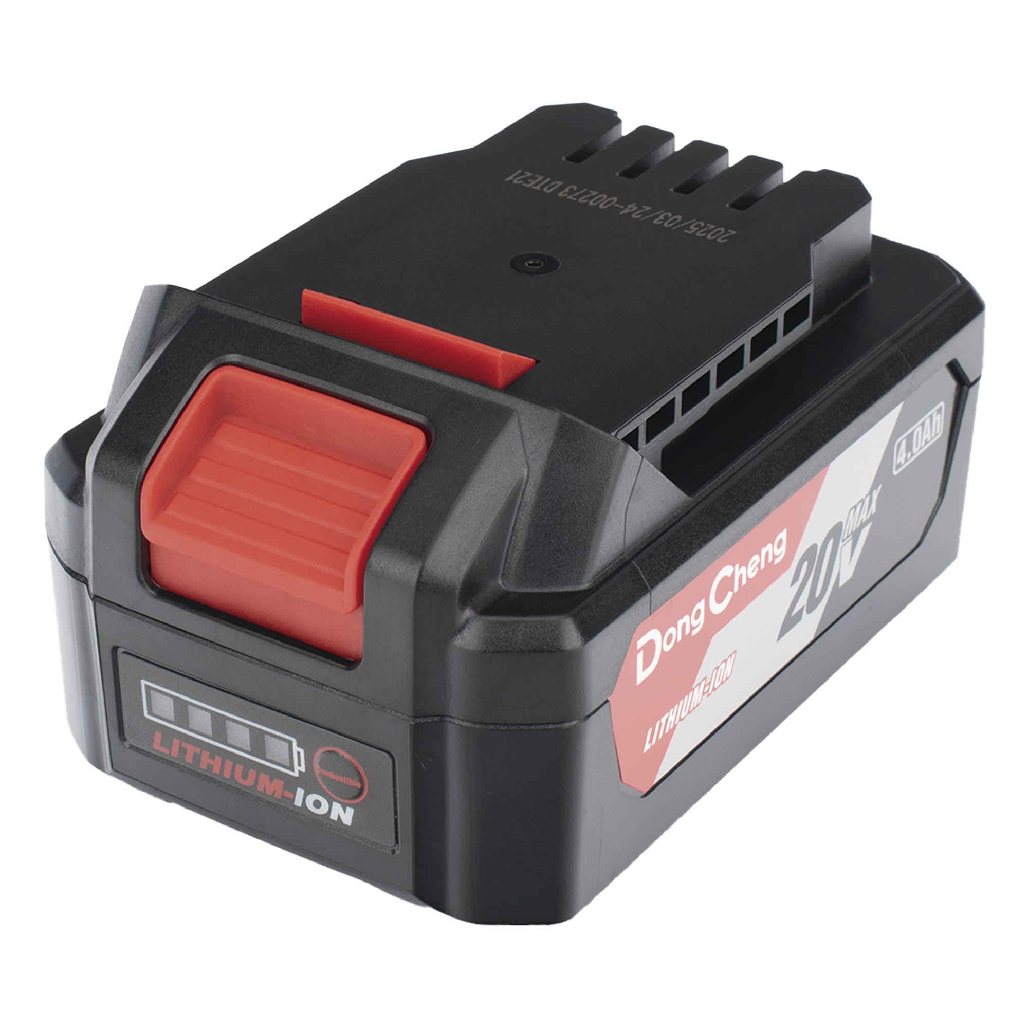 Batería de Litio / 20V / 4.0Ah / Indicador LED de Nivel / Diseño Deslizable / Compatible Herramientas 20V — DONGCHENG · SKU FFB-L2040