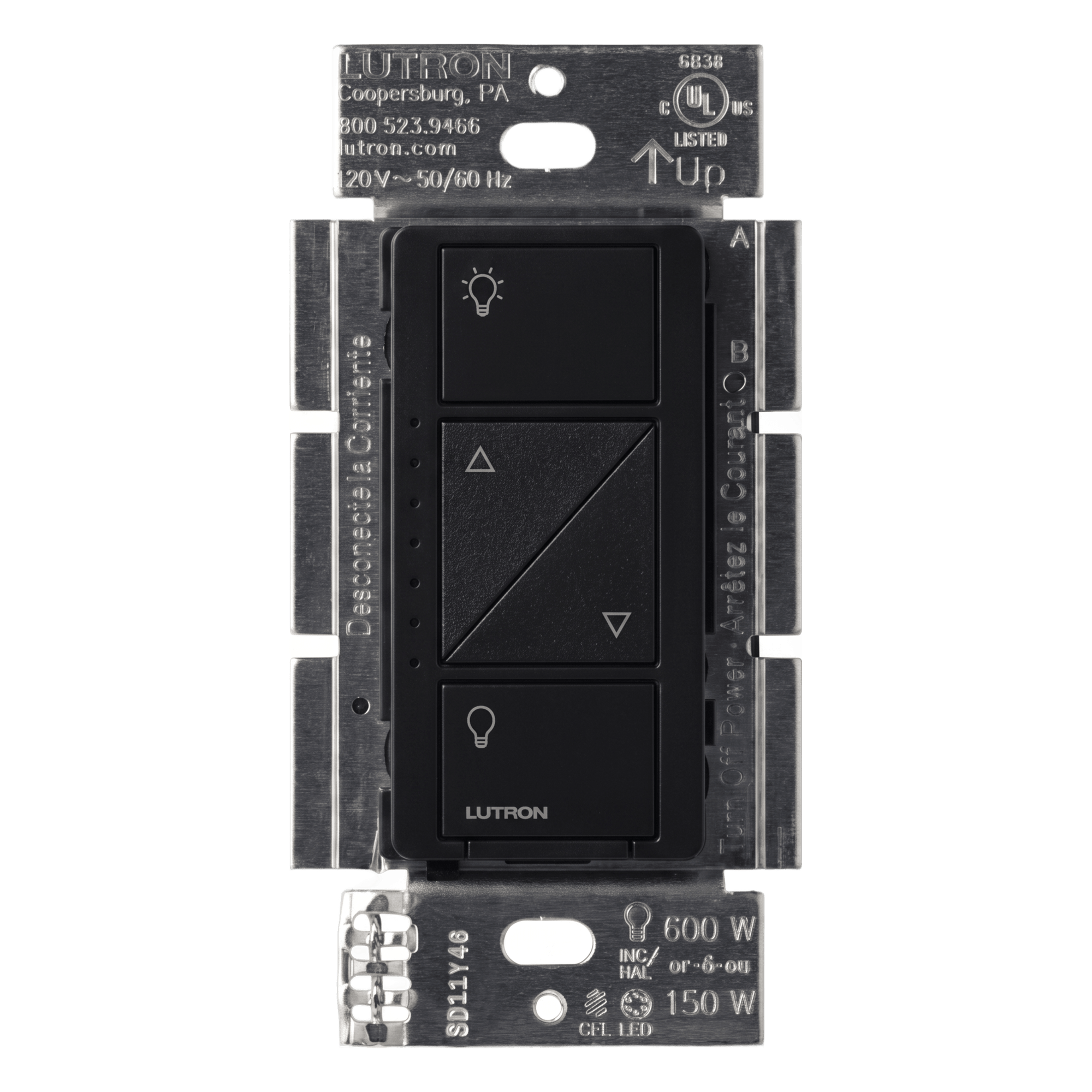 Atenuador de Pared Inteligente / 120 V / LED/CFL 250 W / Incandescente/Halógeno 1000 W / MLV 1000 VA / Neutro Opcional / Alcance RF 18 m (59.1 ft) — LUTRON CASETA WIRELESS · SKU PD10NXDBL