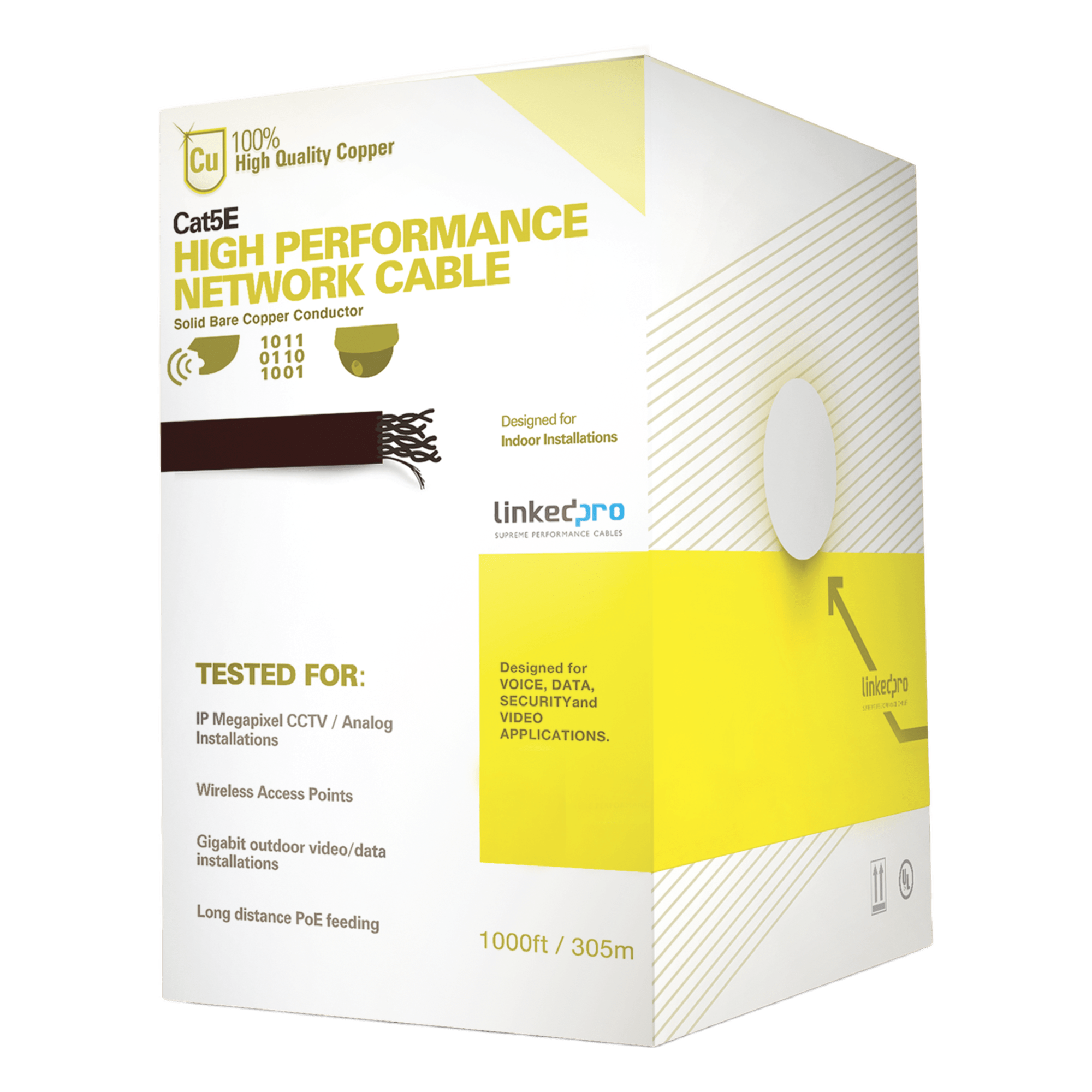 Bobina de Cable / Cat5e / 305 m (1000 pies) / 24 AWG / UTP / 100 MHz / UL / Interior — LINKEDPRO BY EPCOM · SKU PRO-CAT-5E-W