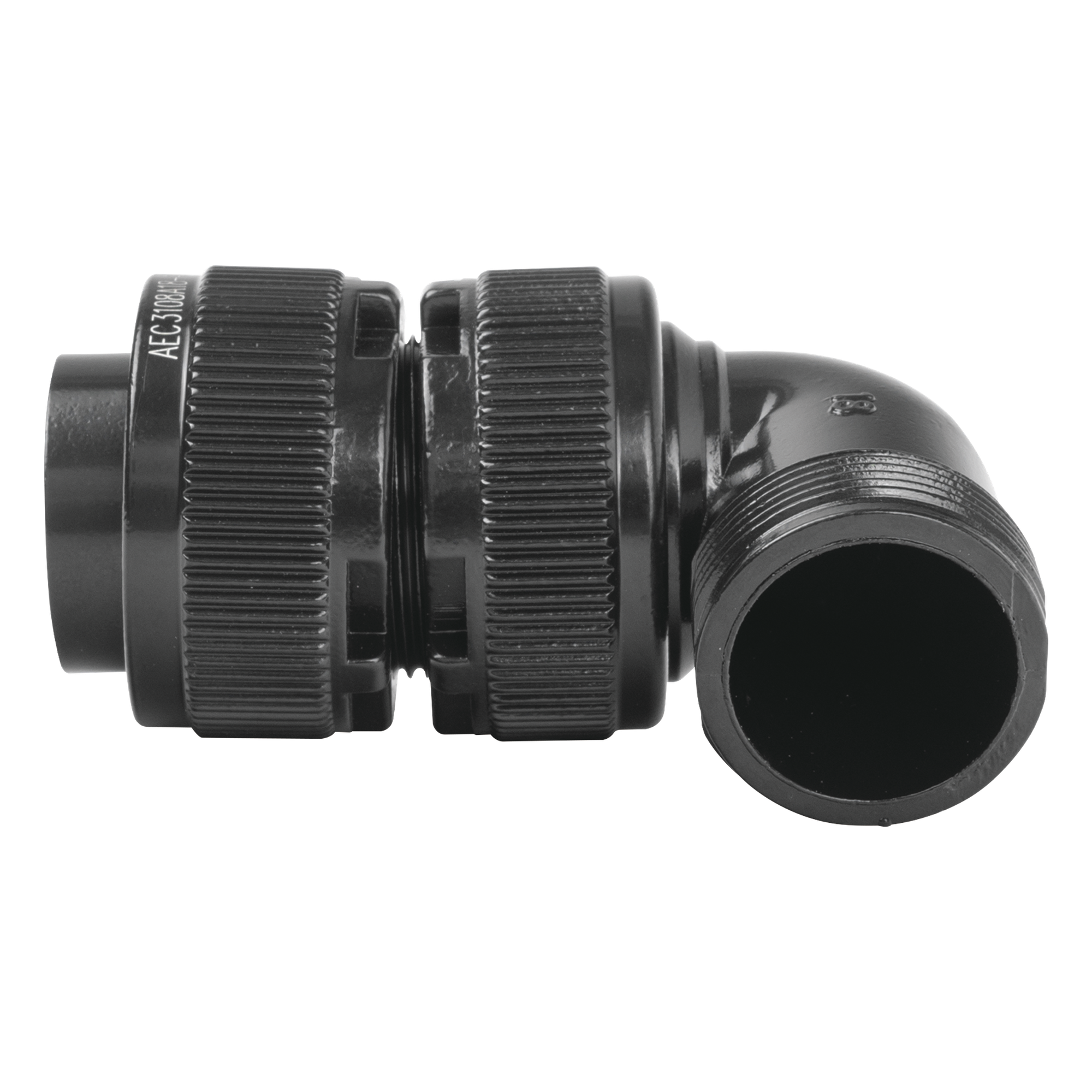 Conector Hembra en Ángulo Recto / 4 Contactos / Terminales Soldables / AWG 14-12 / Cuerpo Plateado Negro / Aislante Delrin / 90°