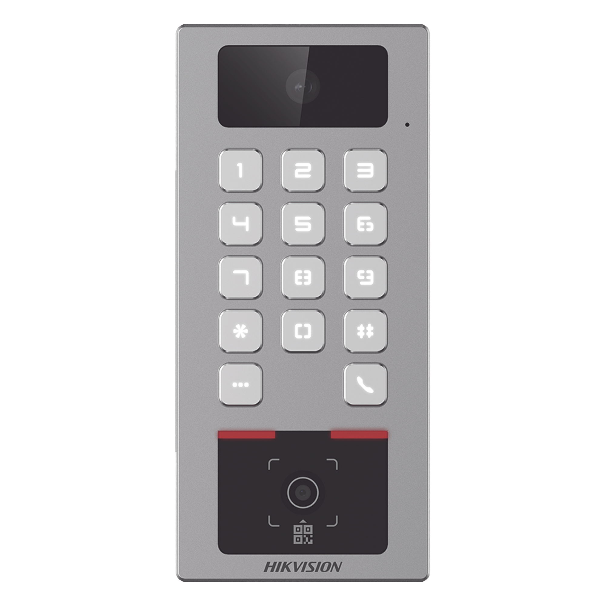 Teclado con Lector de QR / Cámara 2 Megapixel / Videoportero Multiapartamento / IP65 & IK09 / PoE / 2 Relays / Control de 2 Puertas — HIKVISION · SKU DS-K1T502DBWX-CQR-E1