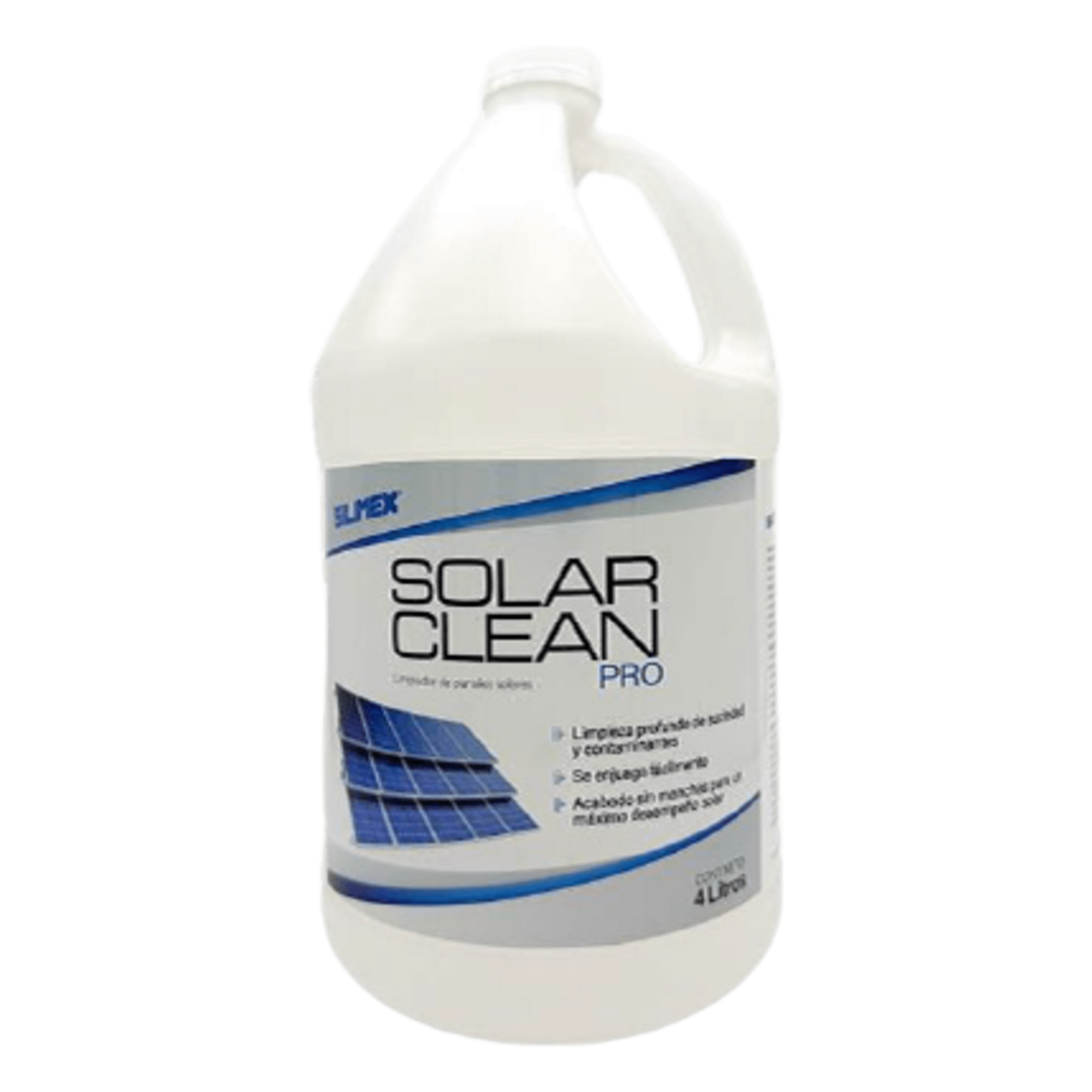 Limpiador para Paneles Solares / Sin Enjuague / pH Neutro 7 / Concentrado 25:1 / 4 Litros / Hasta 100 Litros de Solución — SILIMEX · SKU SOLAR-CLEAN-PRO