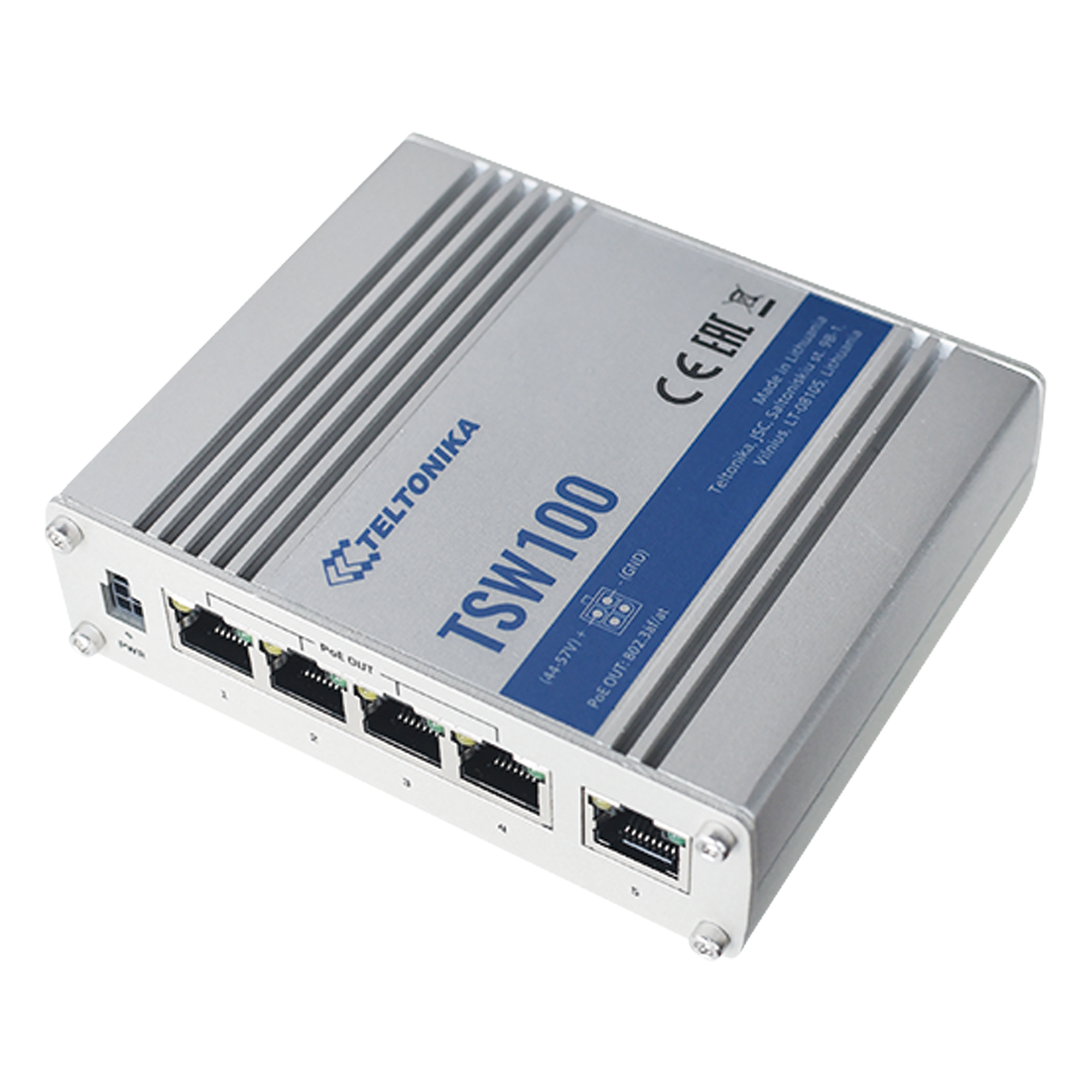 Switch Industrial No-Administrable / 5 Puertos Gigabit / 4 Puertos PoE+ 802.3af/at / 120W Total / -40°C a 75°C / Riel DIN / 115x32x95 mm (4.5x1.3x3.7 in) — TELTONIKA · SKU TSW100