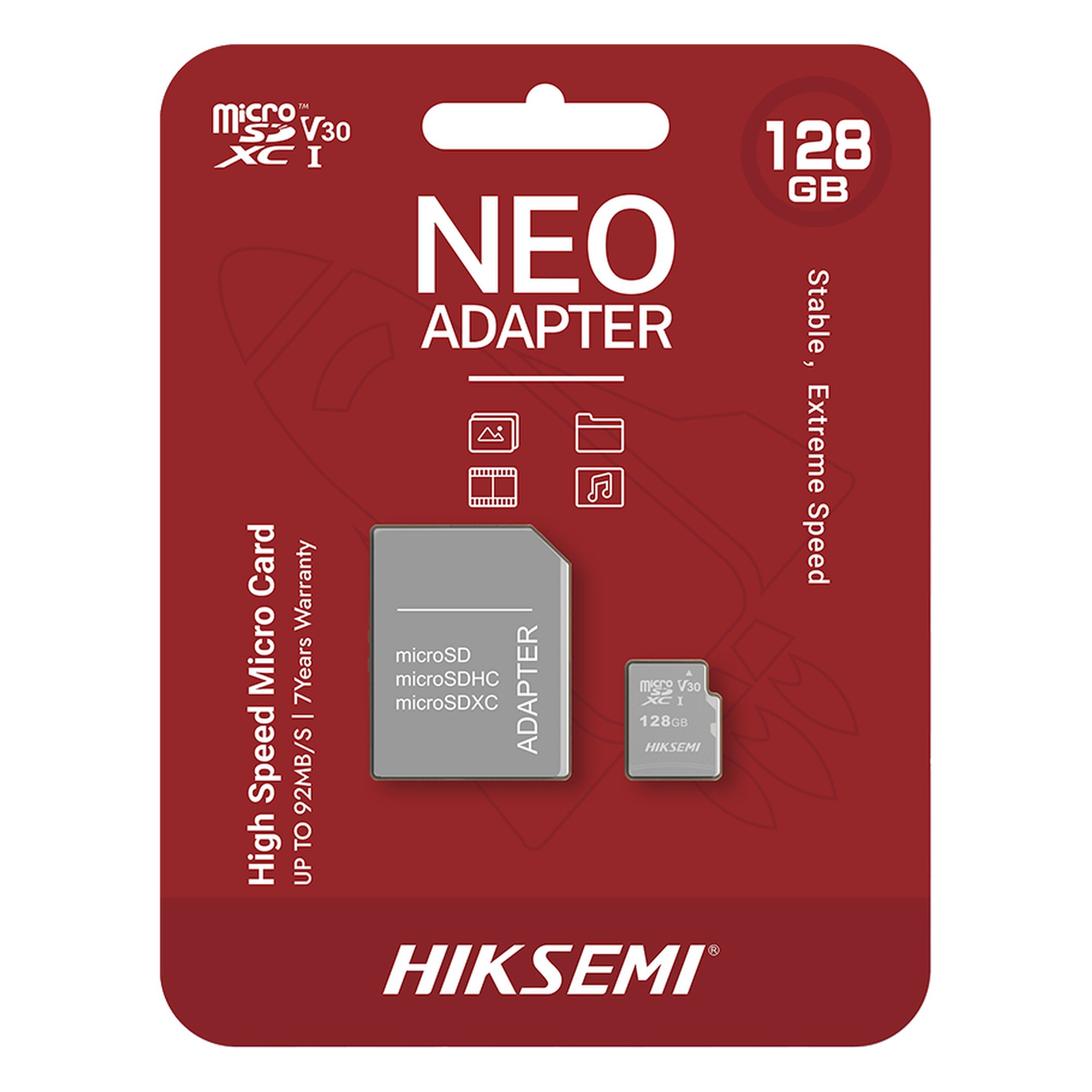 Memoria microSDXC con Adaptador / 128 GB / Clase 10 / Lectura 92 MB/s / Escritura 40 MB/s / NAND TLC / Resistente a Agua y Golpes — HIKSEMI by HIKVISION · SKU HS-TF-C1/128G/NEO/A