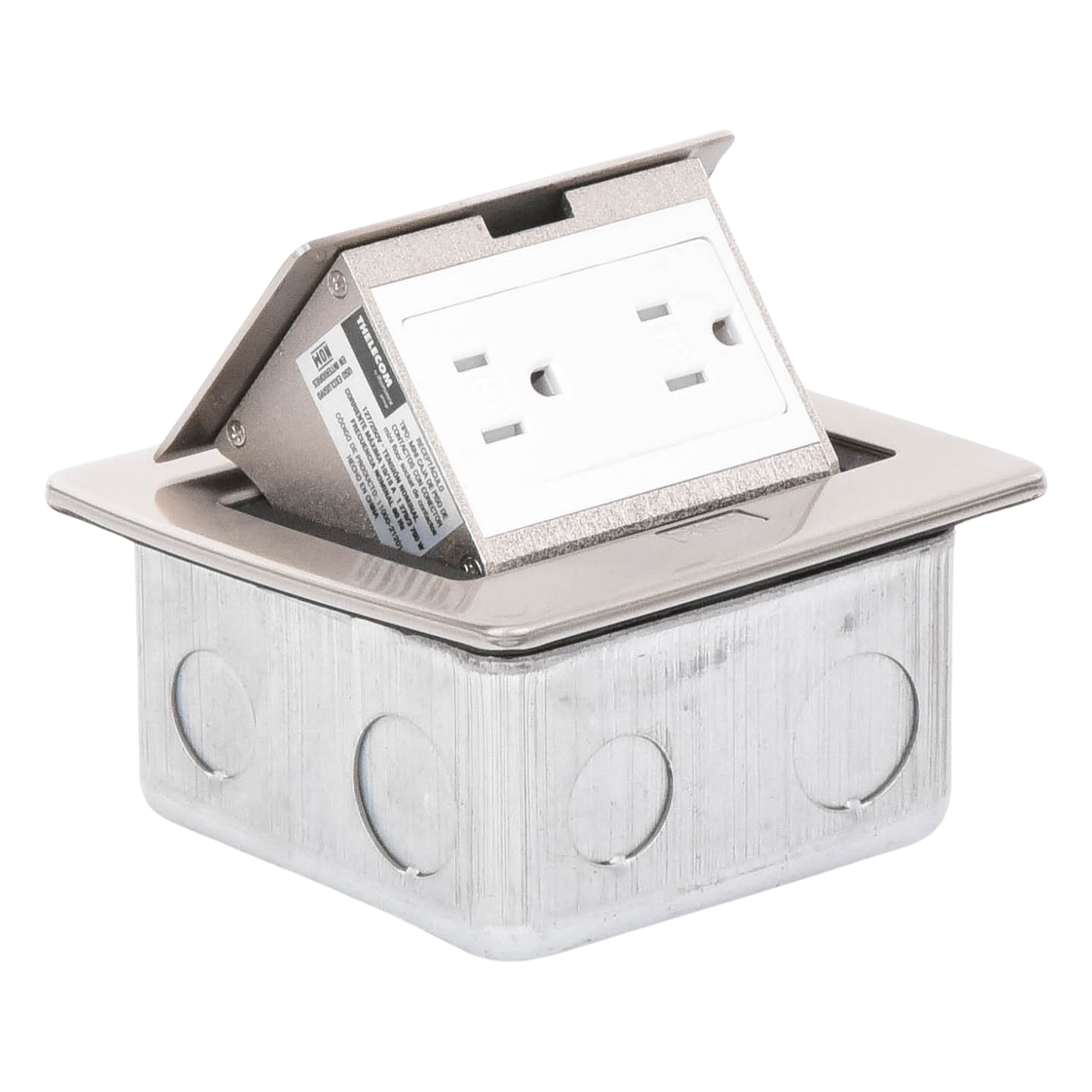 Mini Caja de Piso Rectangular / Acero Inoxidable / 2 Contactos 127V / 15A / 12.4 x 12 x 7.2 cm / 4.88 x 4.72 x 2.83 pulg