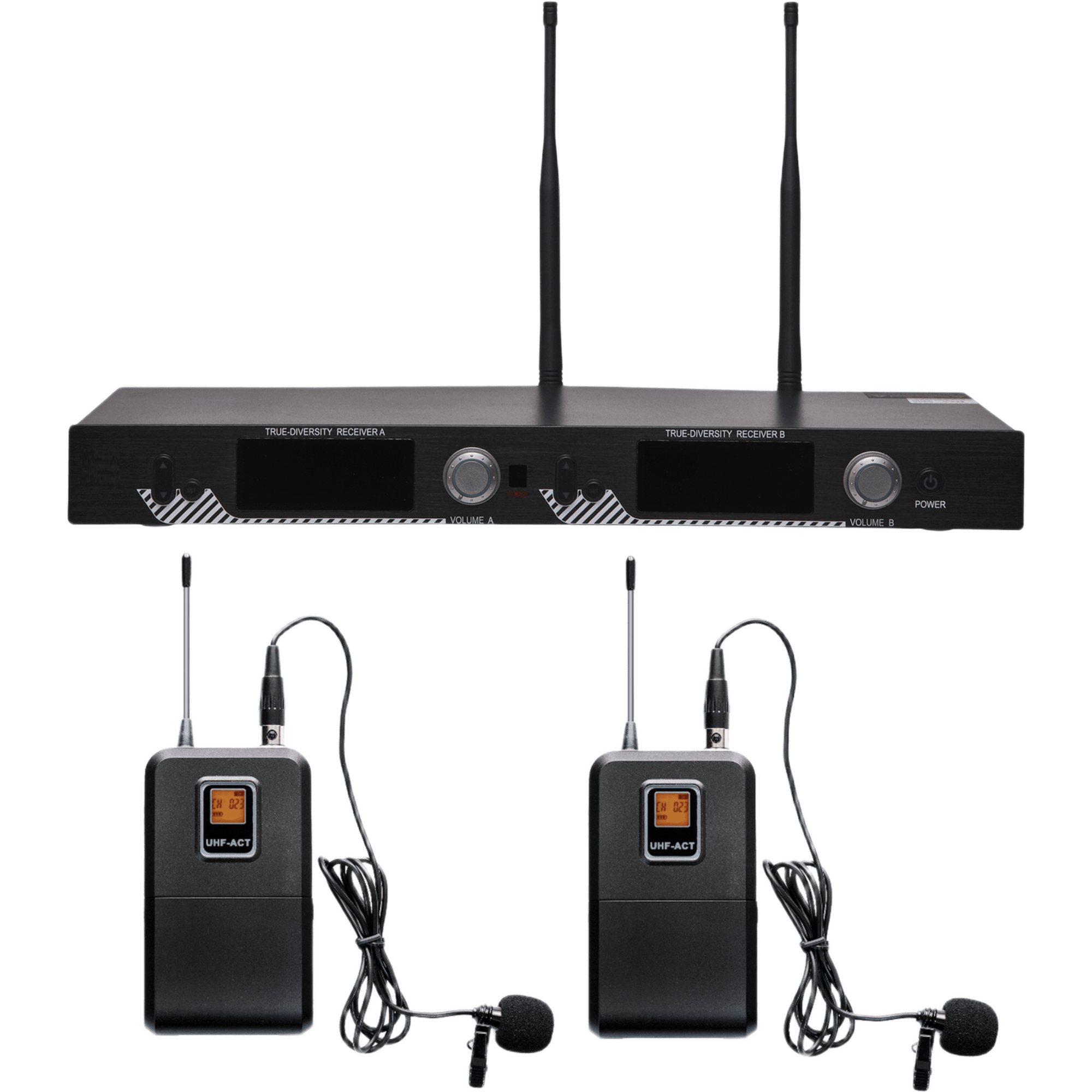 Kit de Microfonía inalámbrico | 2 Micrófonos de Lavalier | Receptor UHF | Pantalla LCD | 200 Canales | Gran cobertura
